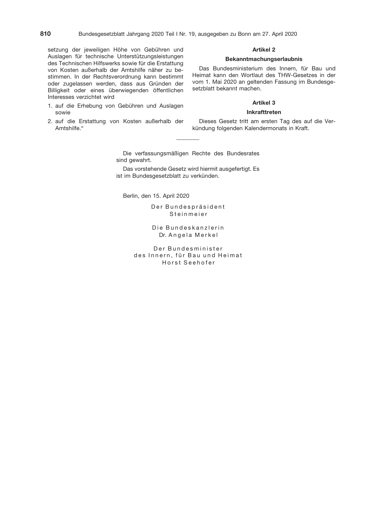 BGBl. 2020, Seite 810 — Originalseite als Abbildung