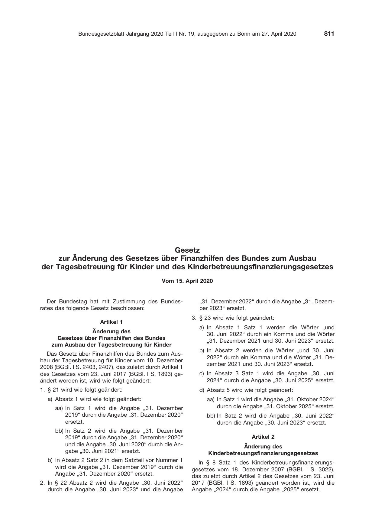 BGBl. 2020, Seite 811 — Originalseite als Abbildung
