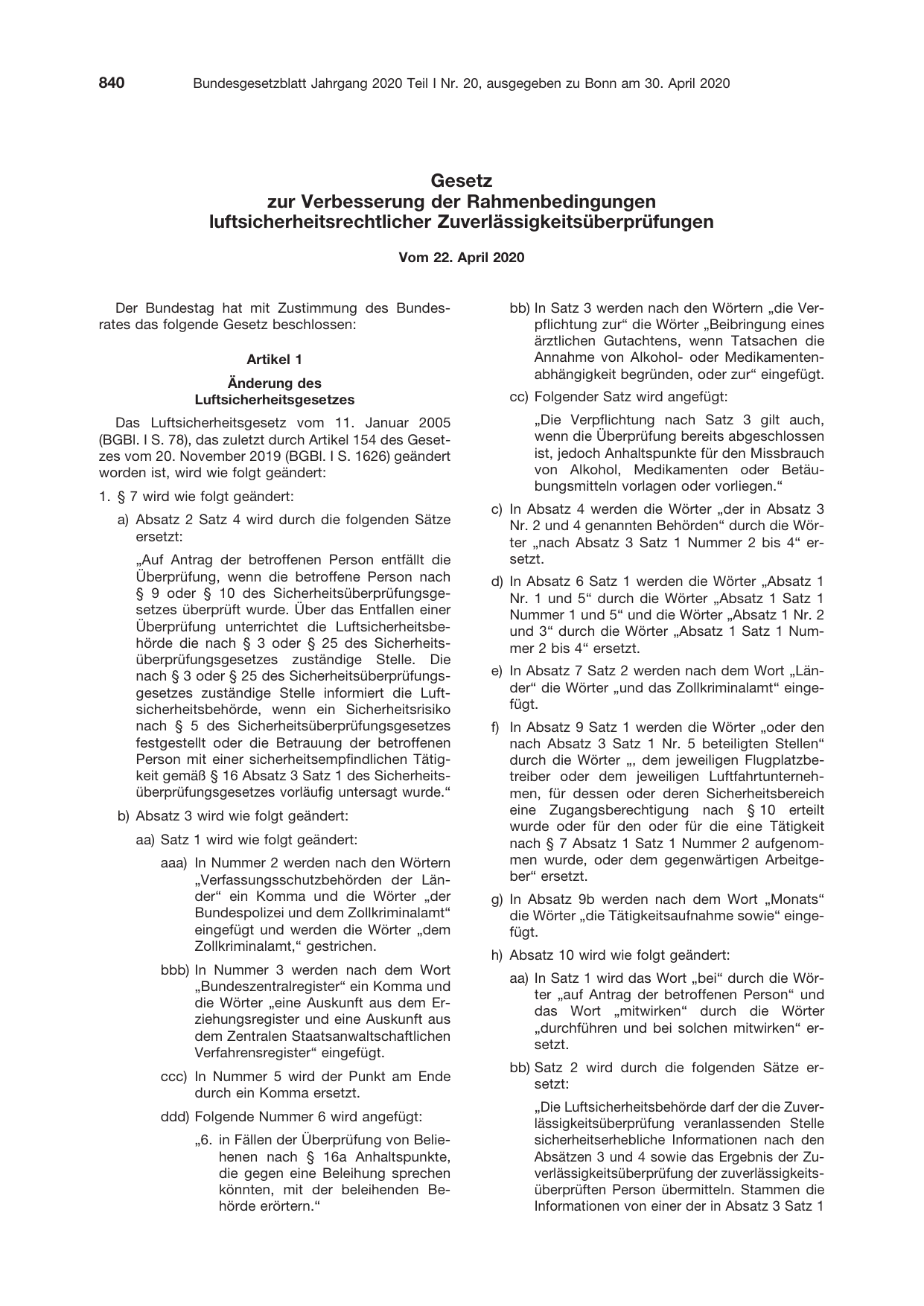 BGBl. 2020, Seite 840 — Originalseite als Abbildung