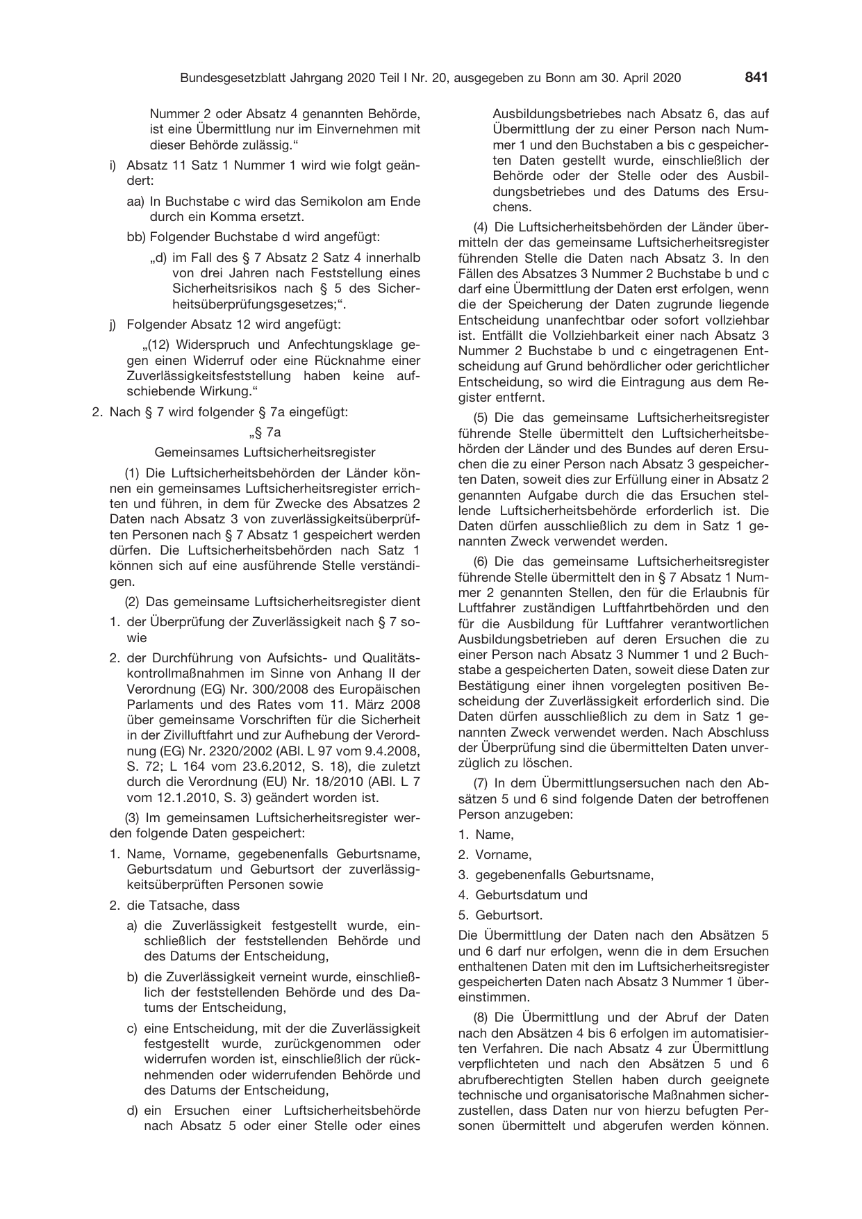 BGBl. 2020, Seite 841 — Originalseite als Abbildung