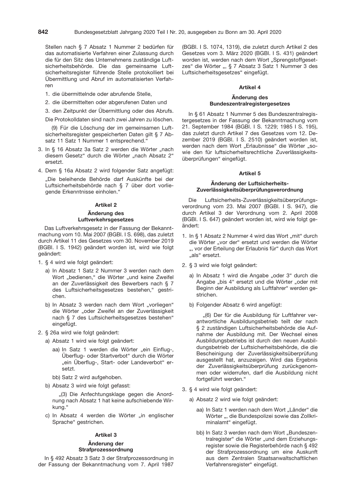 BGBl. 2020, Seite 842 — Originalseite als Abbildung