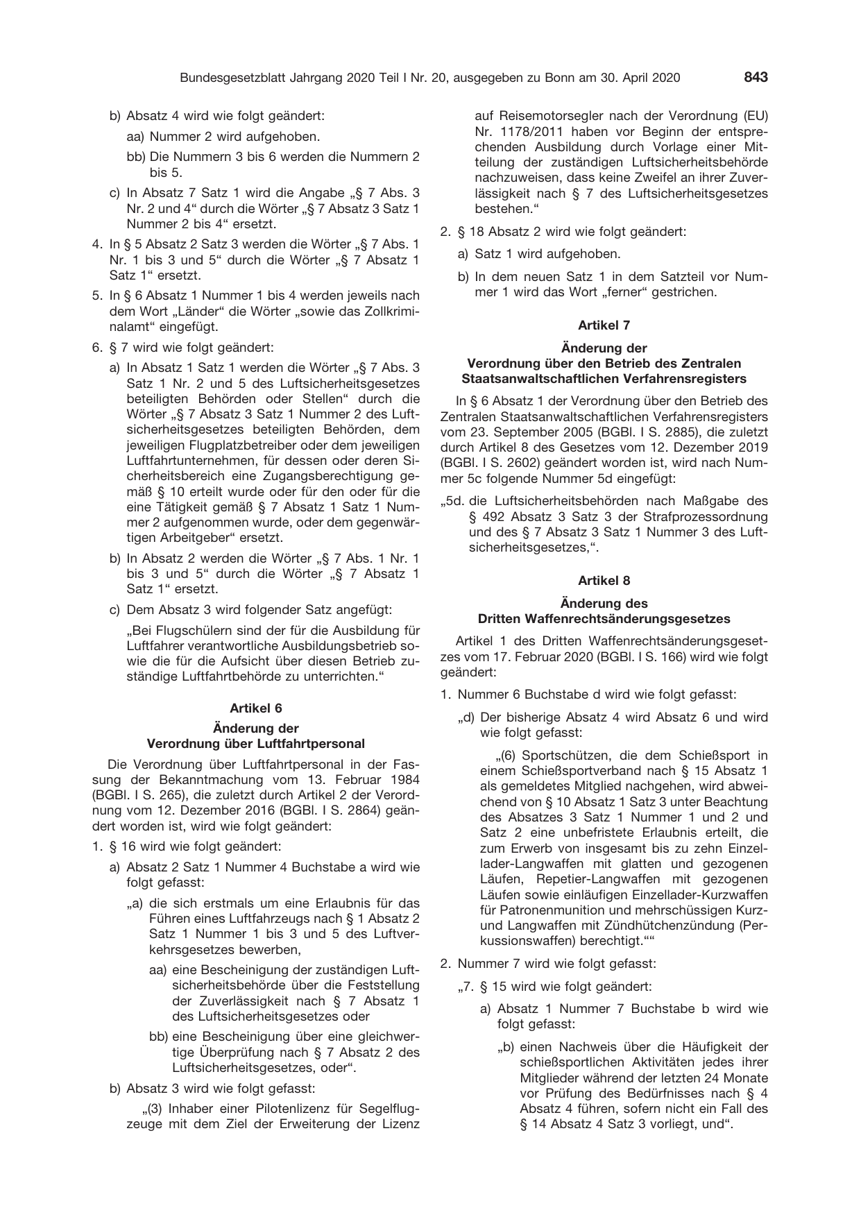 BGBl. 2020, Seite 843 — Originalseite als Abbildung