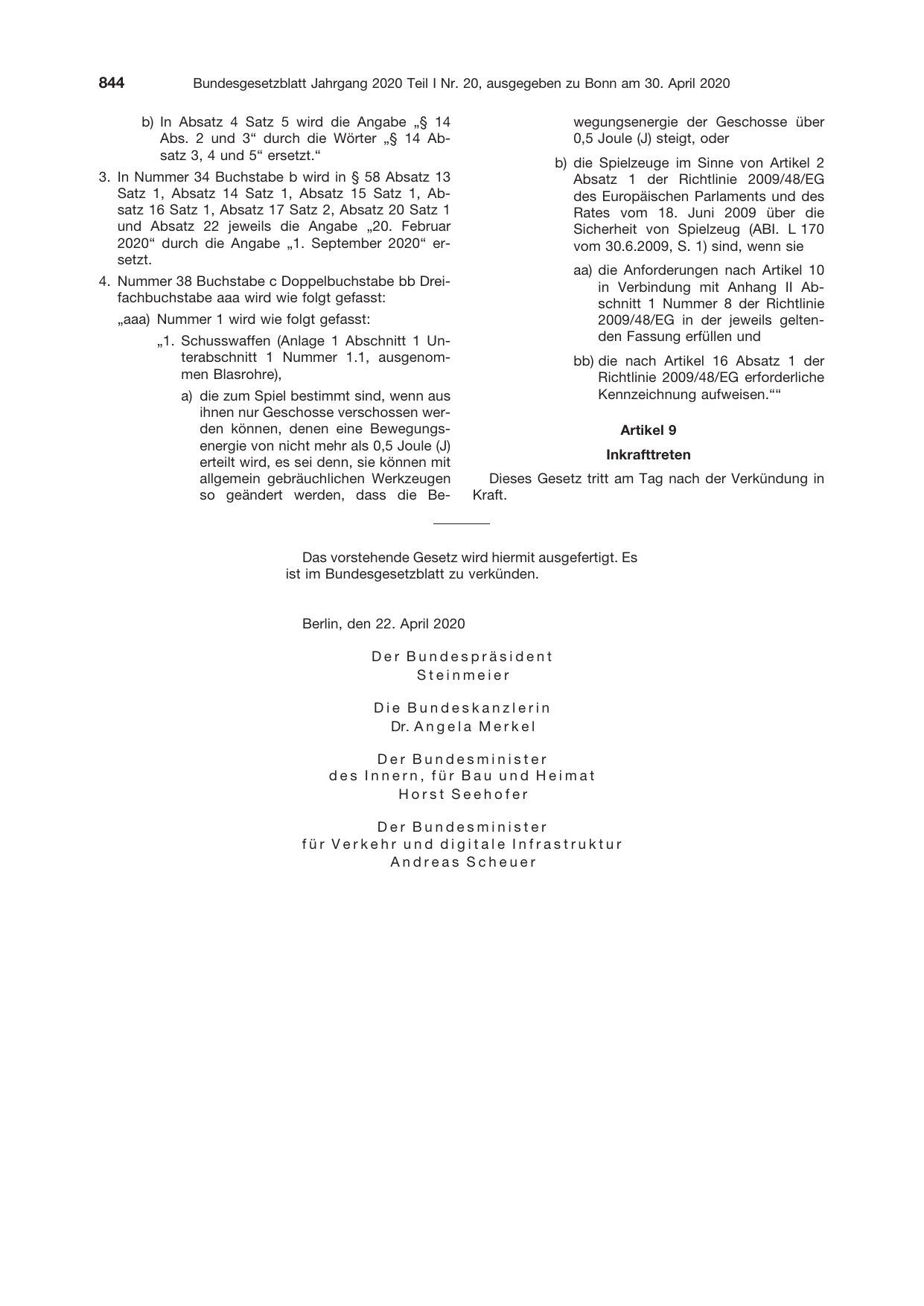 BGBl. 2020, Seite 844 — Originalseite als Abbildung
