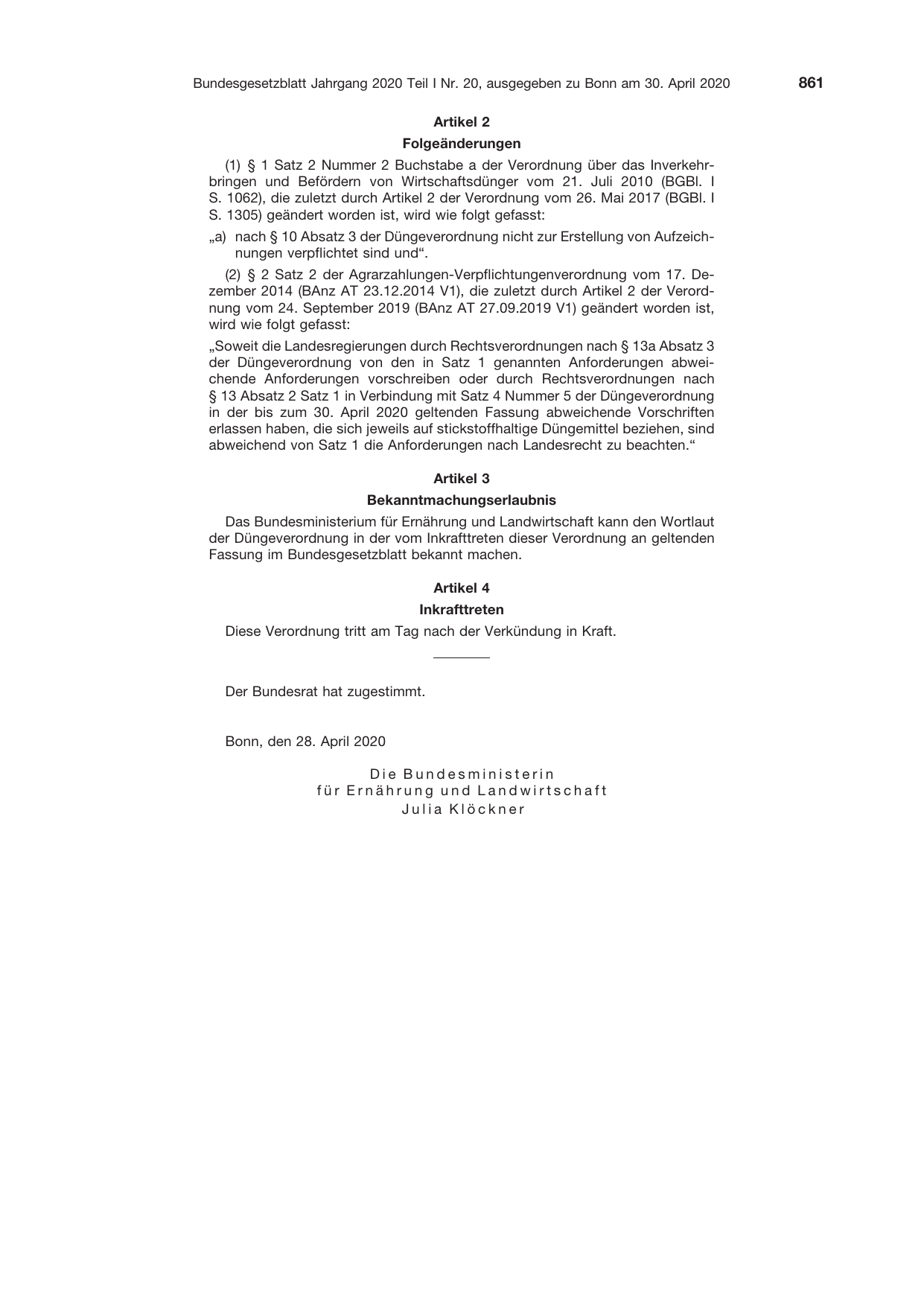 BGBl. 2020, Seite 861 — Originalseite als Abbildung