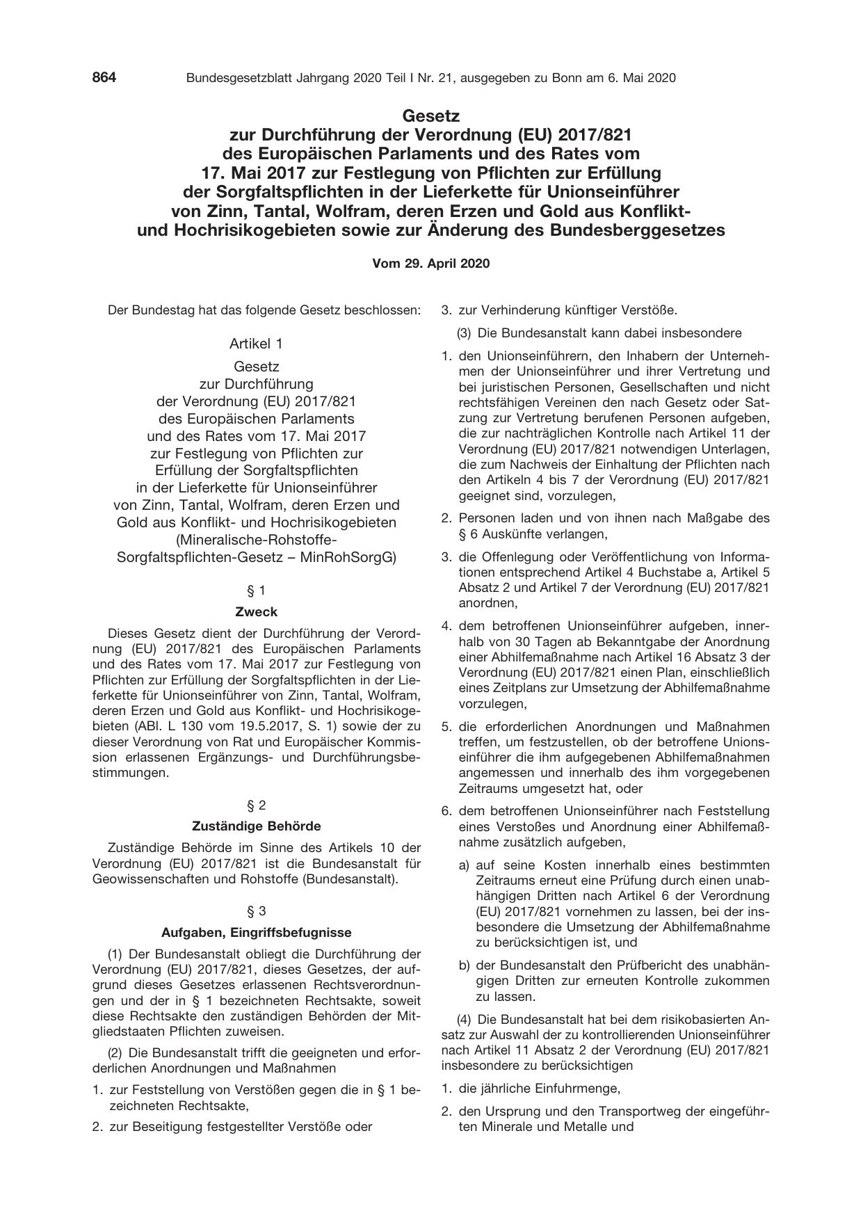 BGBl. 2020, Seite 864 — Originalseite als Abbildung