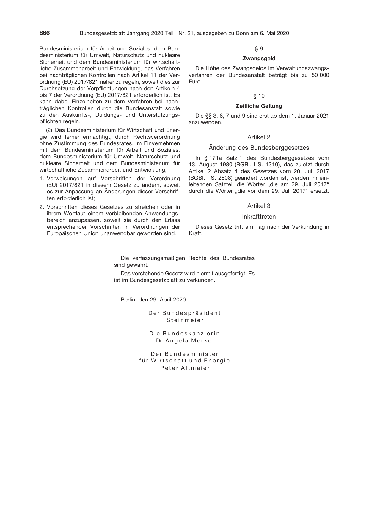 BGBl. 2020, Seite 866 — Originalseite als Abbildung