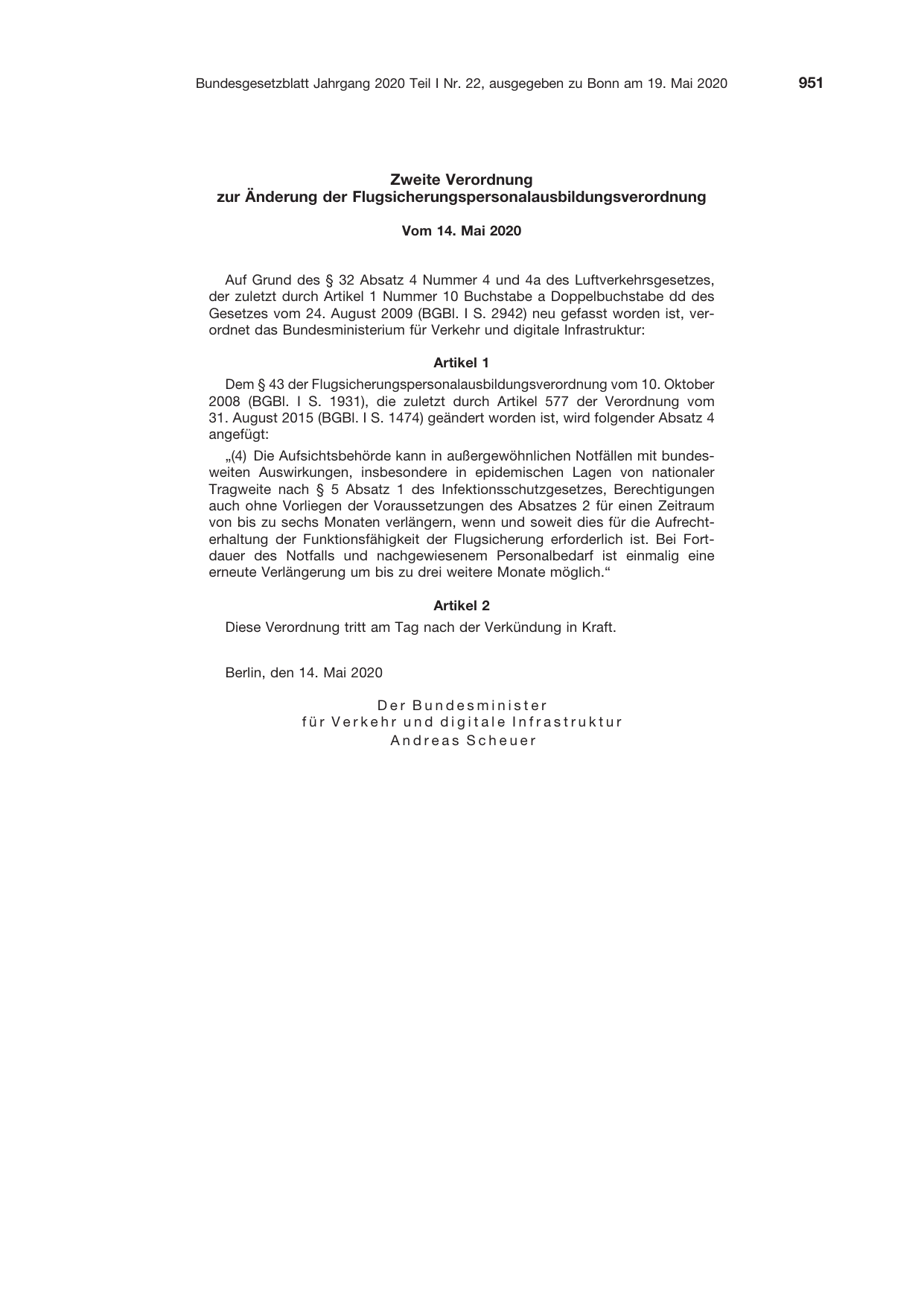BGBl. 2020, Seite 951 — Originalseite als Abbildung
