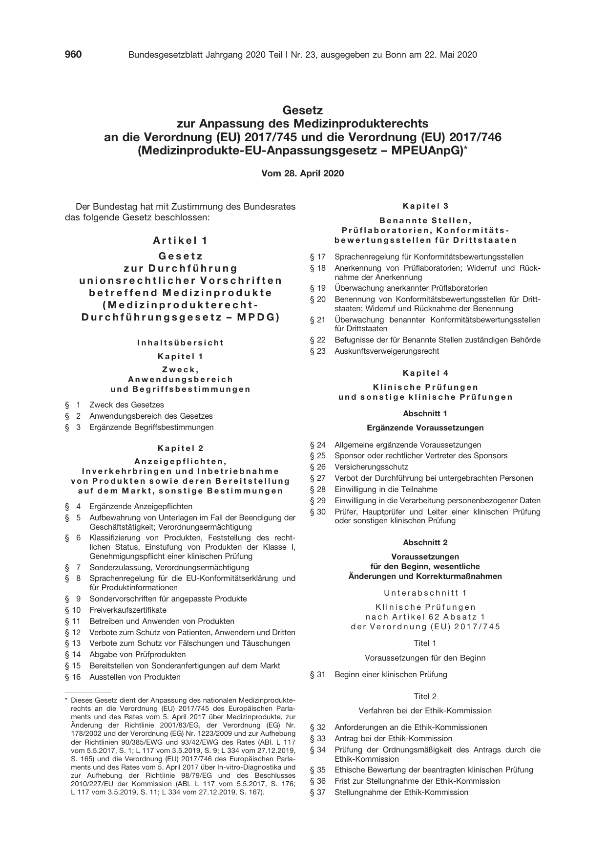 BGBl. 2020, Seite 960 — Originalseite als Abbildung