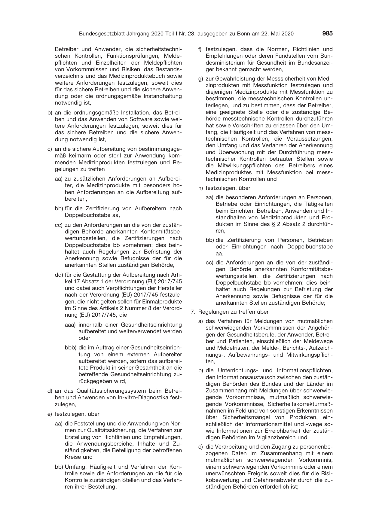 BGBl. 2020, Seite 985 — Originalseite als Abbildung