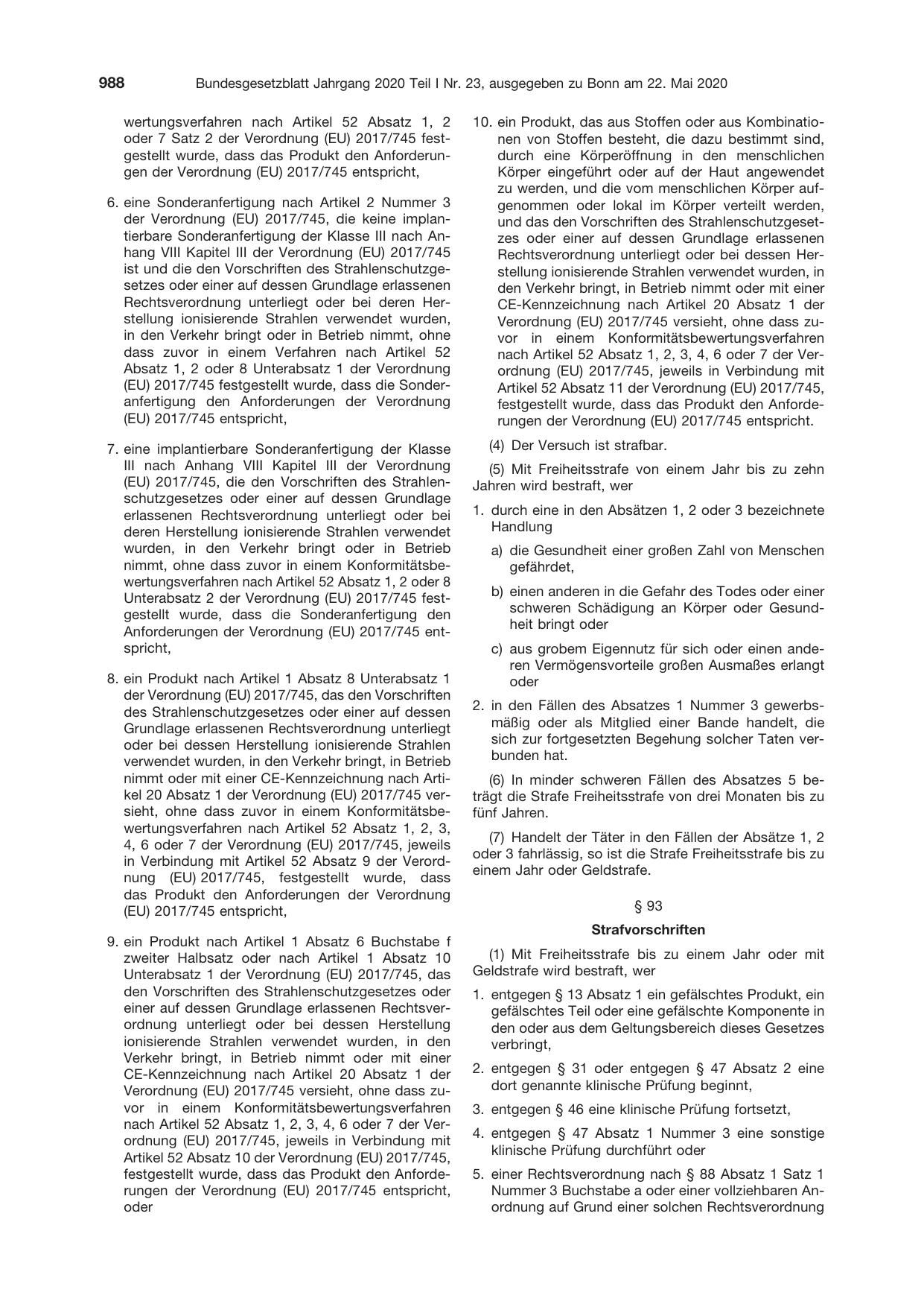 BGBl. 2020, Seite 988 — Originalseite als Abbildung