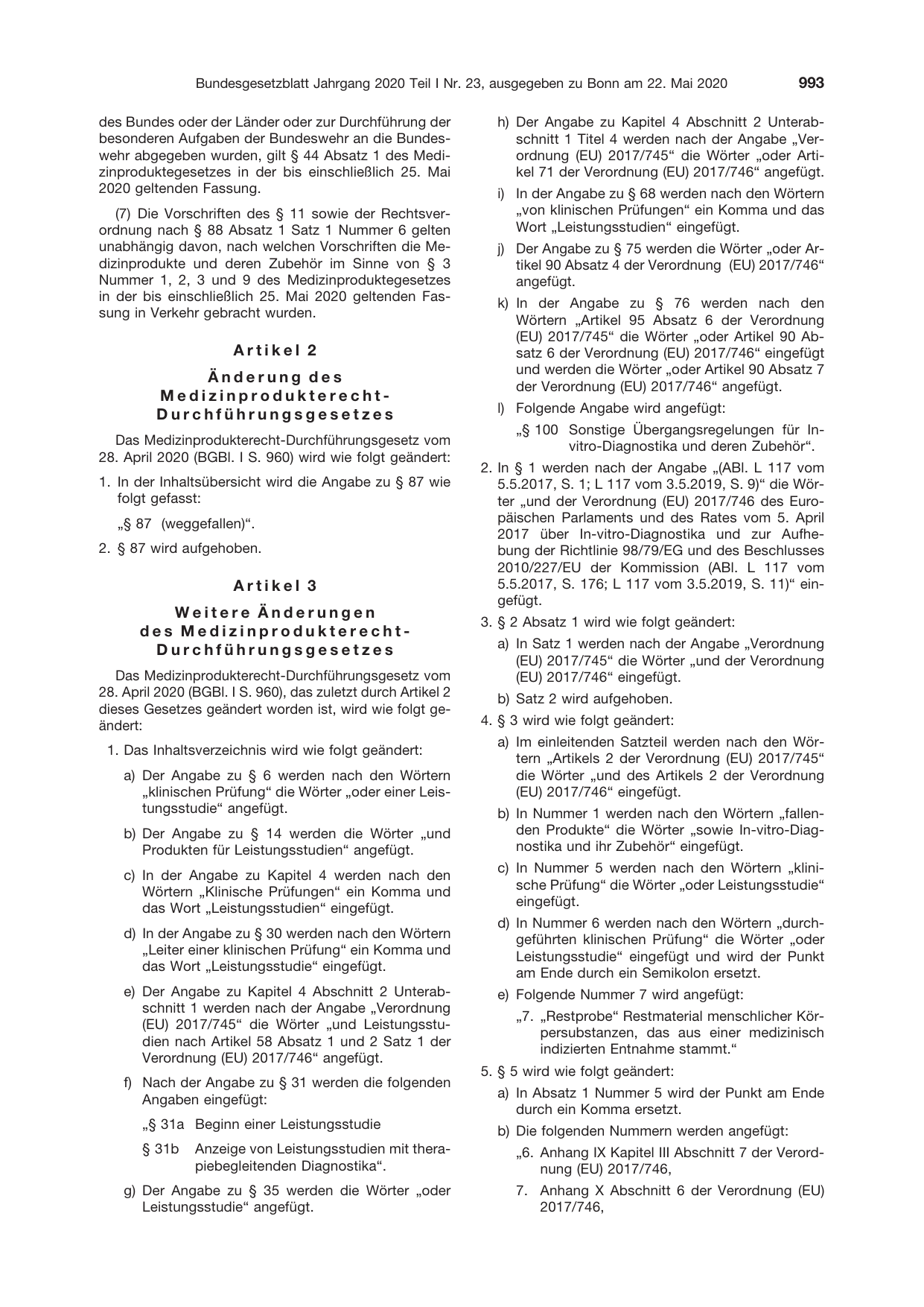 BGBl. 2020, Seite 993 — Originalseite als Abbildung
