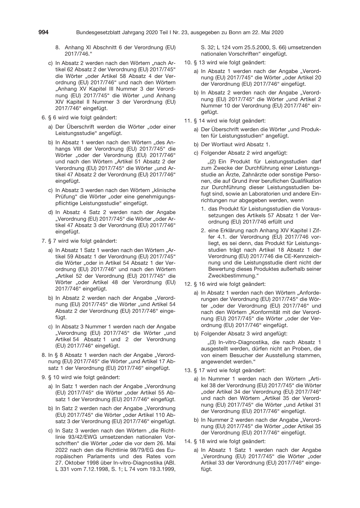 BGBl. 2020, Seite 994 — Originalseite als Abbildung