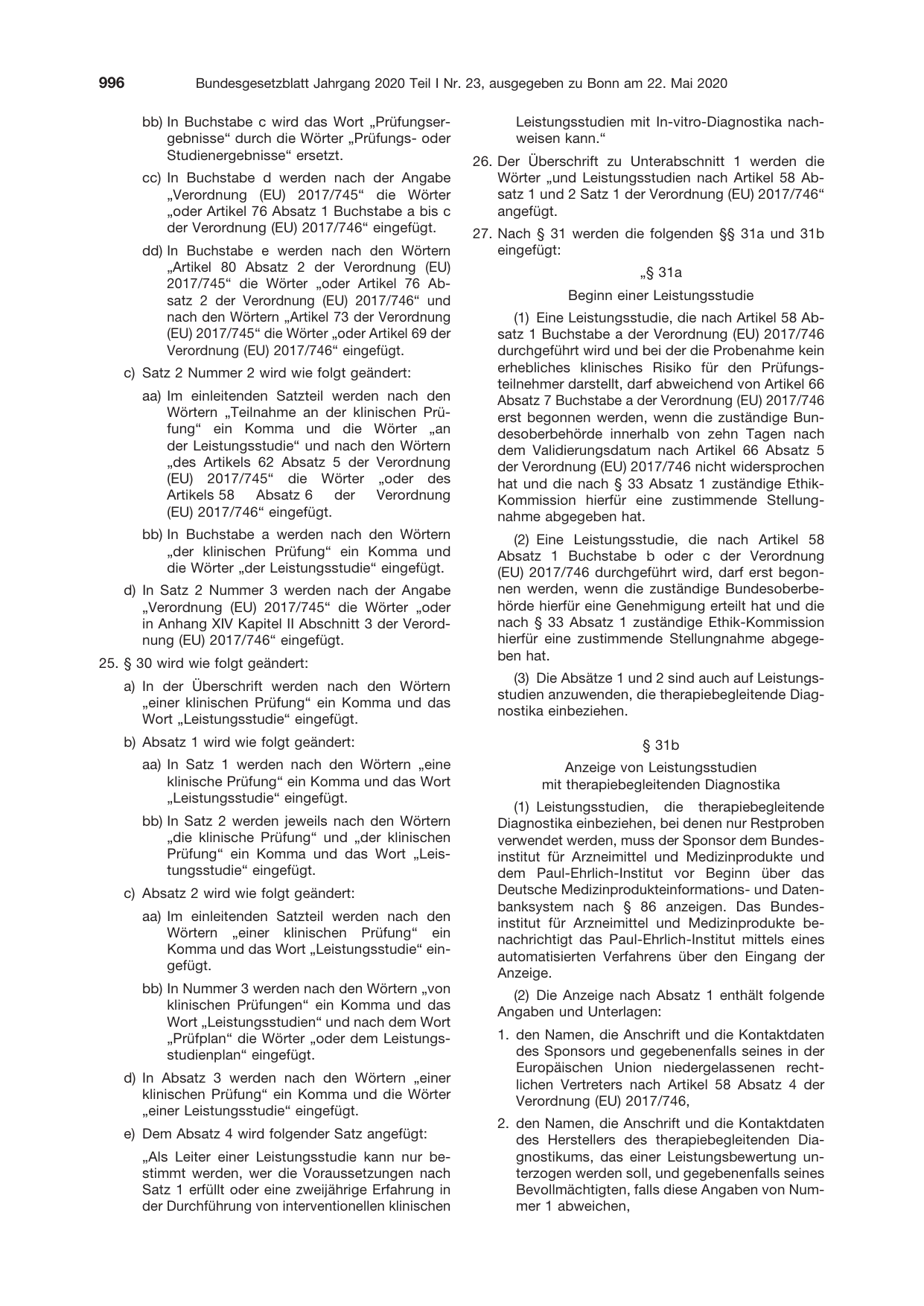 BGBl. 2020, Seite 996 — Originalseite als Abbildung