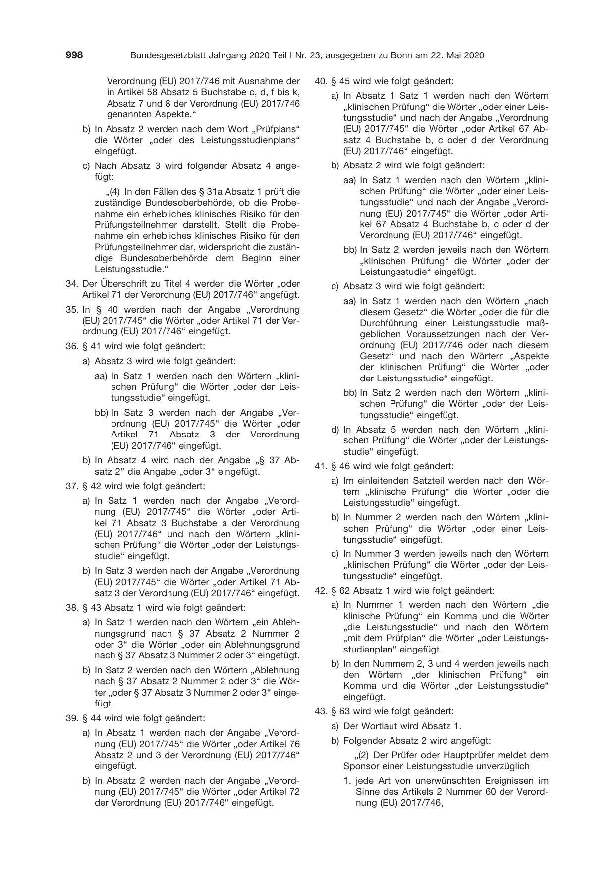 BGBl. 2020, Seite 998 — Originalseite als Abbildung