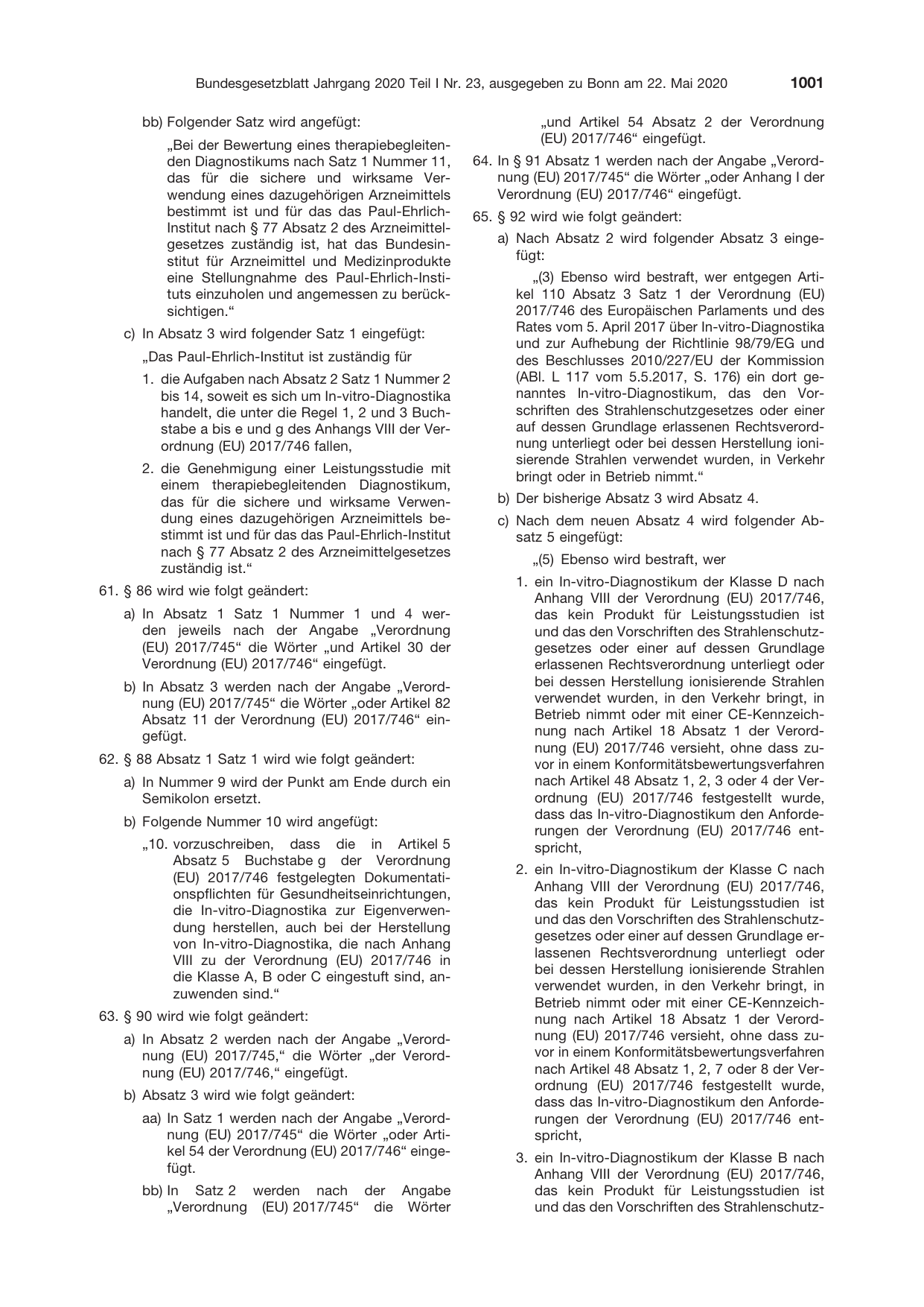 BGBl. 2020, Seite 1001 — Originalseite als Abbildung