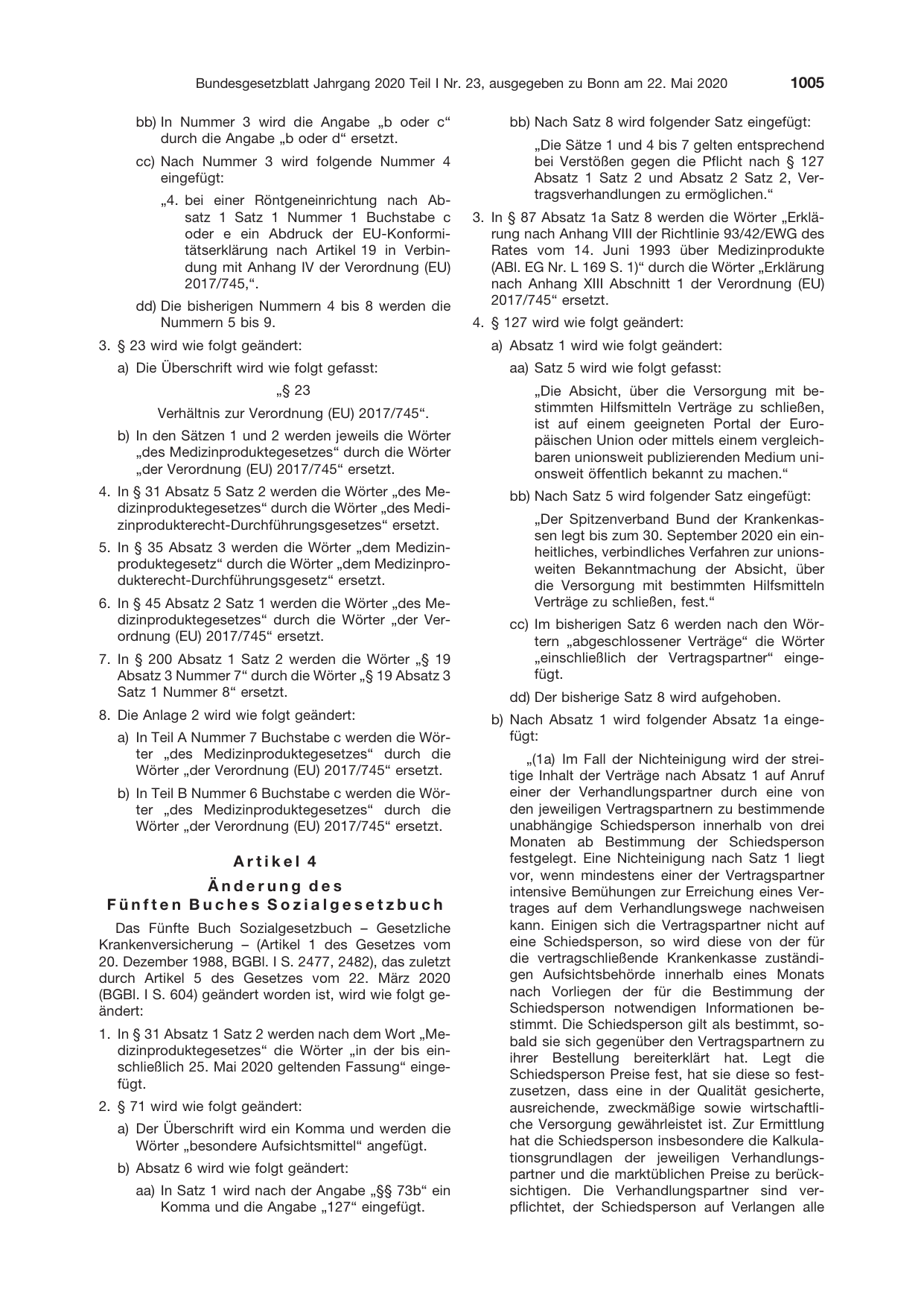 BGBl. 2020, Seite 1005 — Originalseite als Abbildung