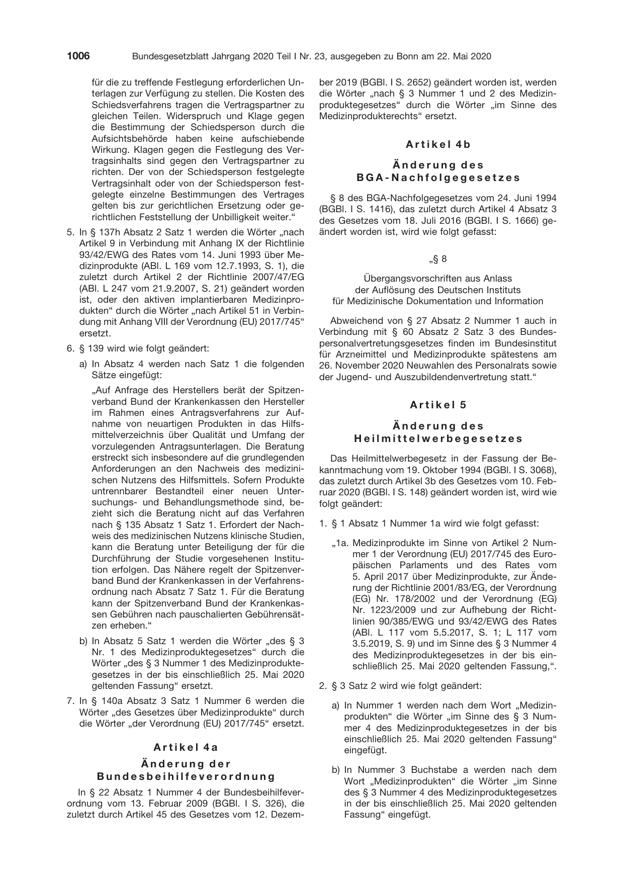 BGBl. 2020, Seite 1006 — Originalseite als Abbildung