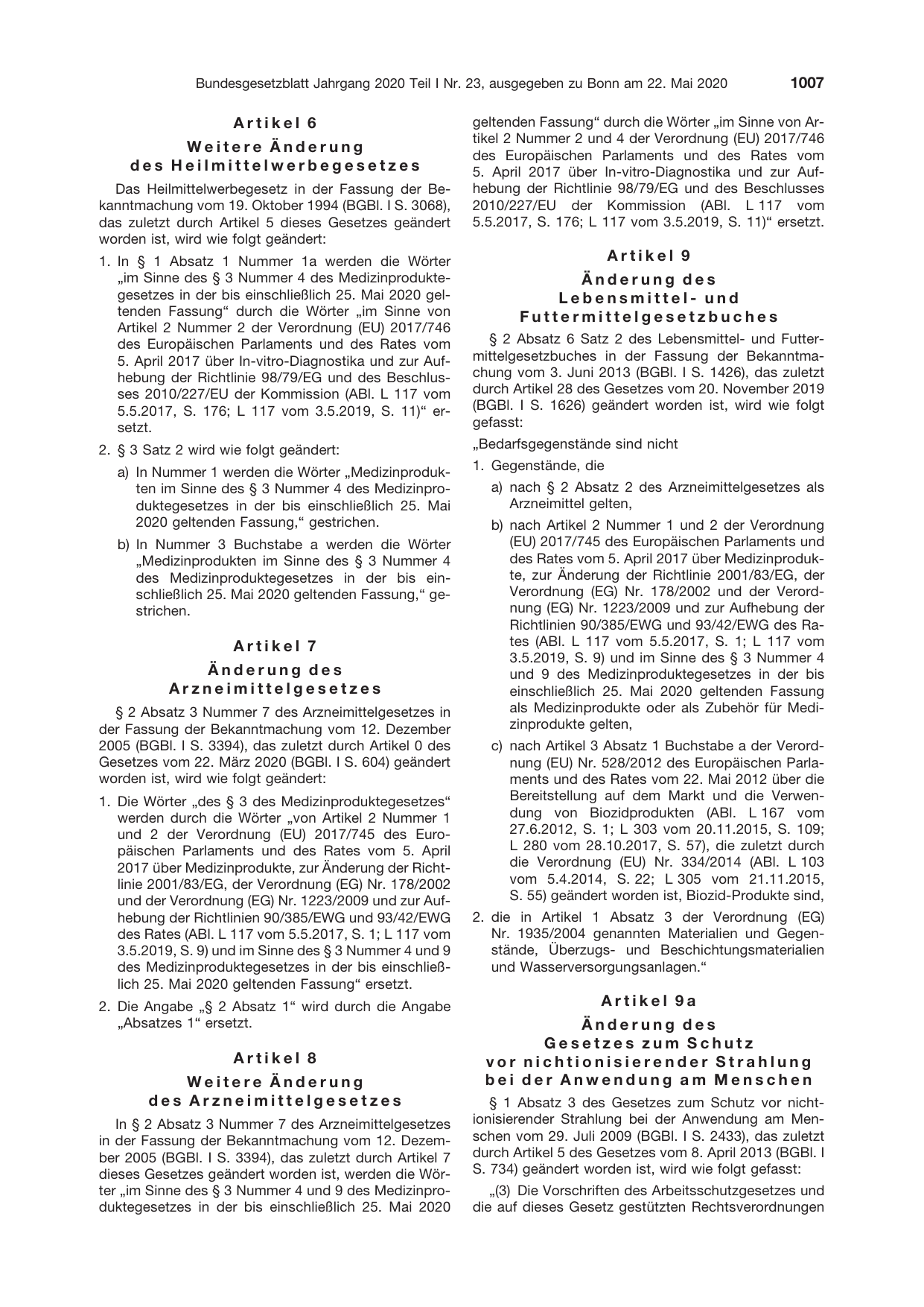 BGBl. 2020, Seite 1007 — Originalseite als Abbildung