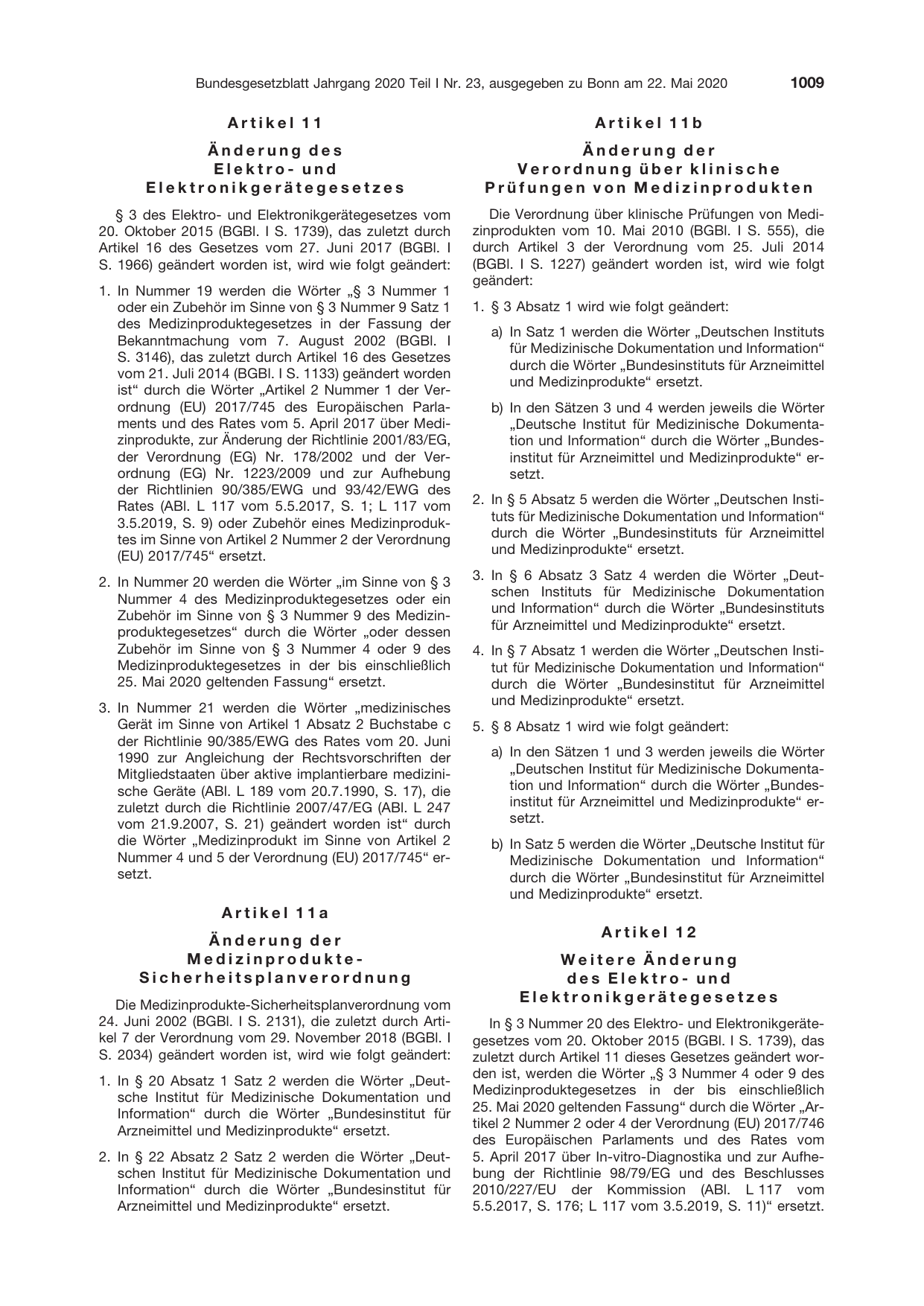 BGBl. 2020, Seite 1009 — Originalseite als Abbildung