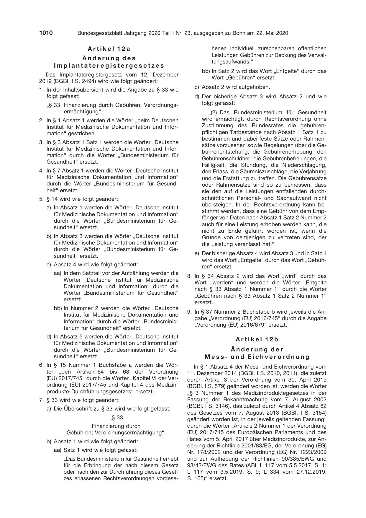 BGBl. 2020, Seite 1010 — Originalseite als Abbildung