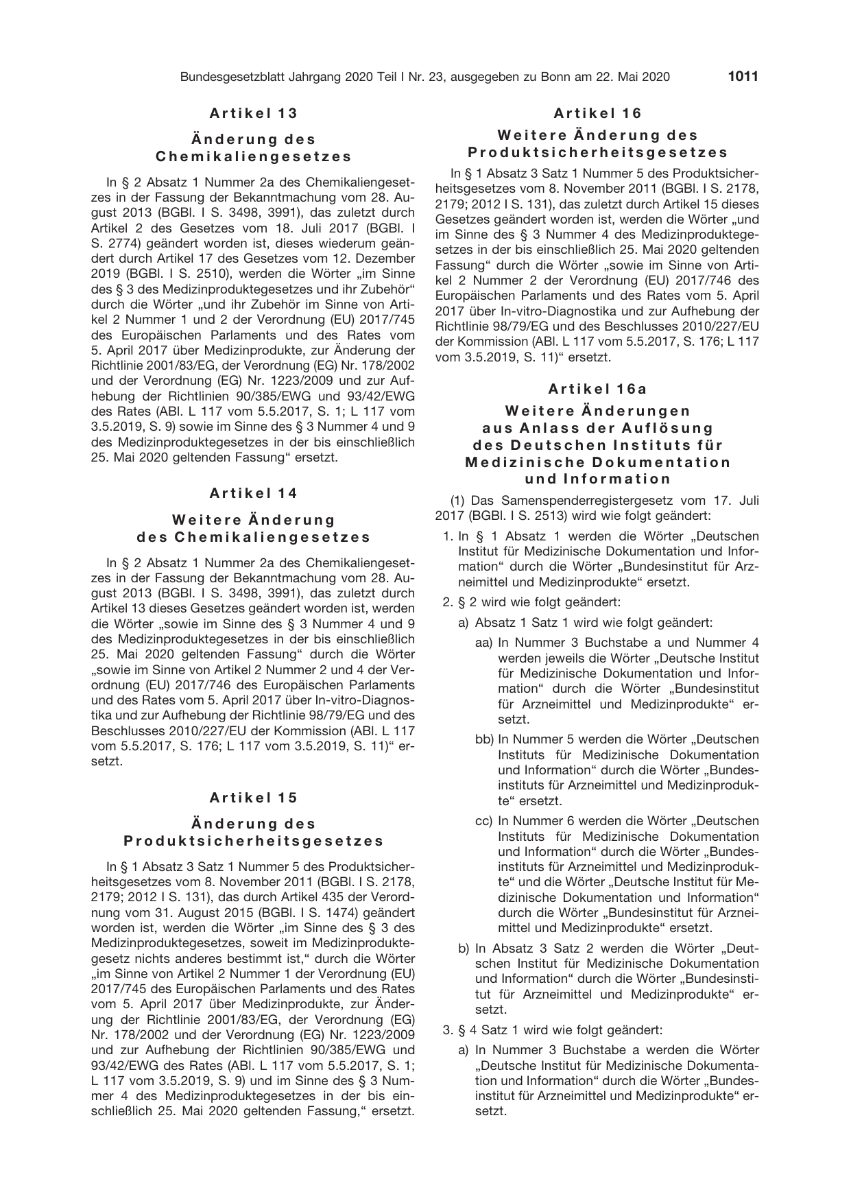 BGBl. 2020, Seite 1011 — Originalseite als Abbildung