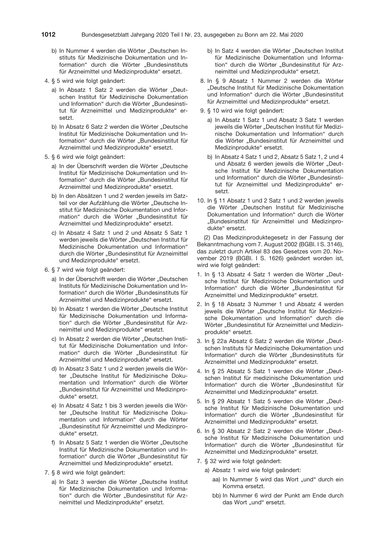BGBl. 2020, Seite 1012 — Originalseite als Abbildung