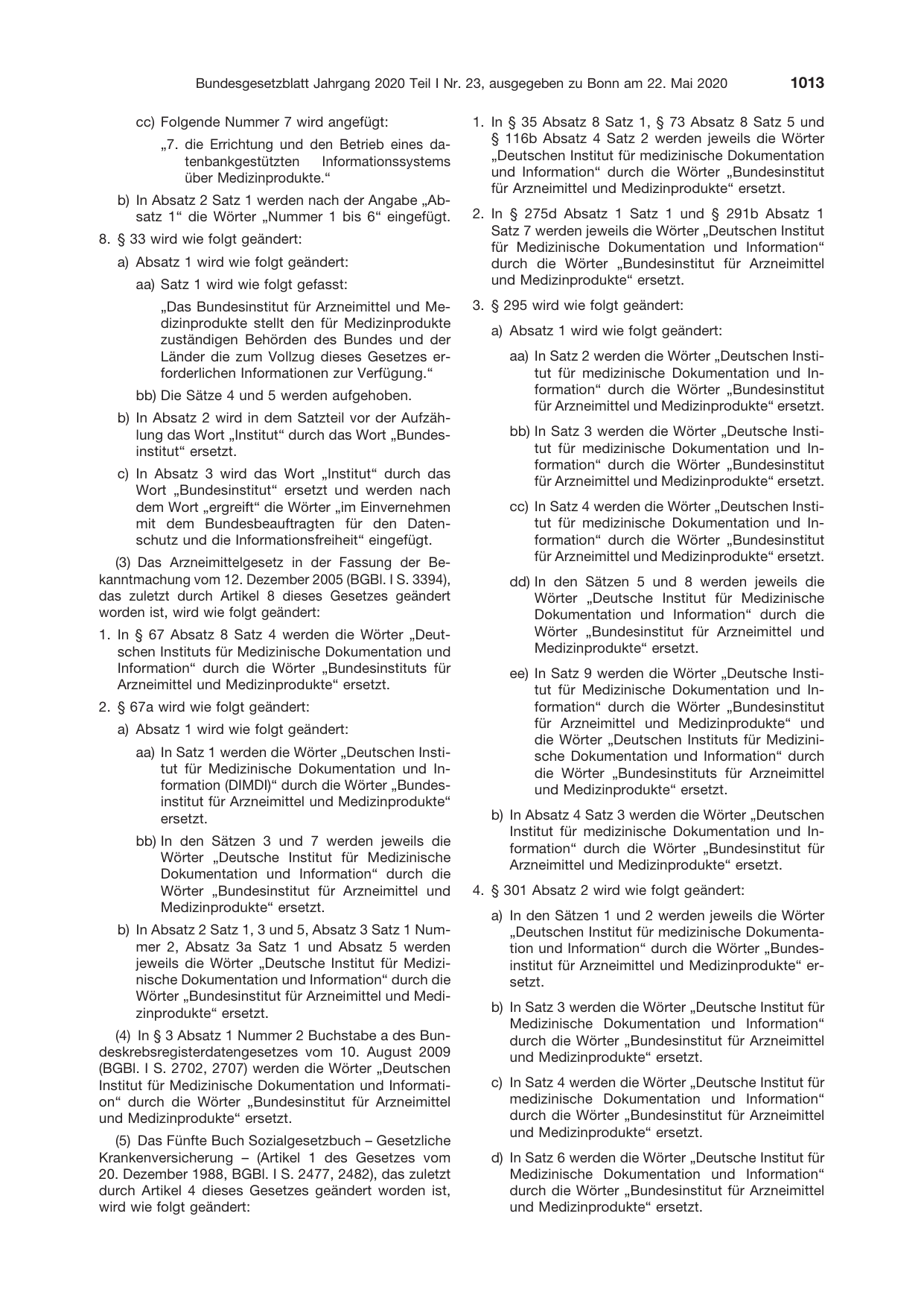 BGBl. 2020, Seite 1013 — Originalseite als Abbildung