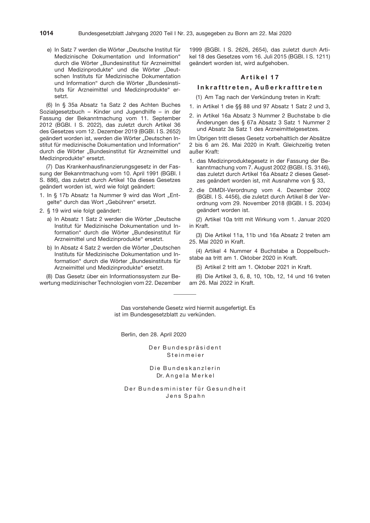BGBl. 2020, Seite 1014 — Originalseite als Abbildung