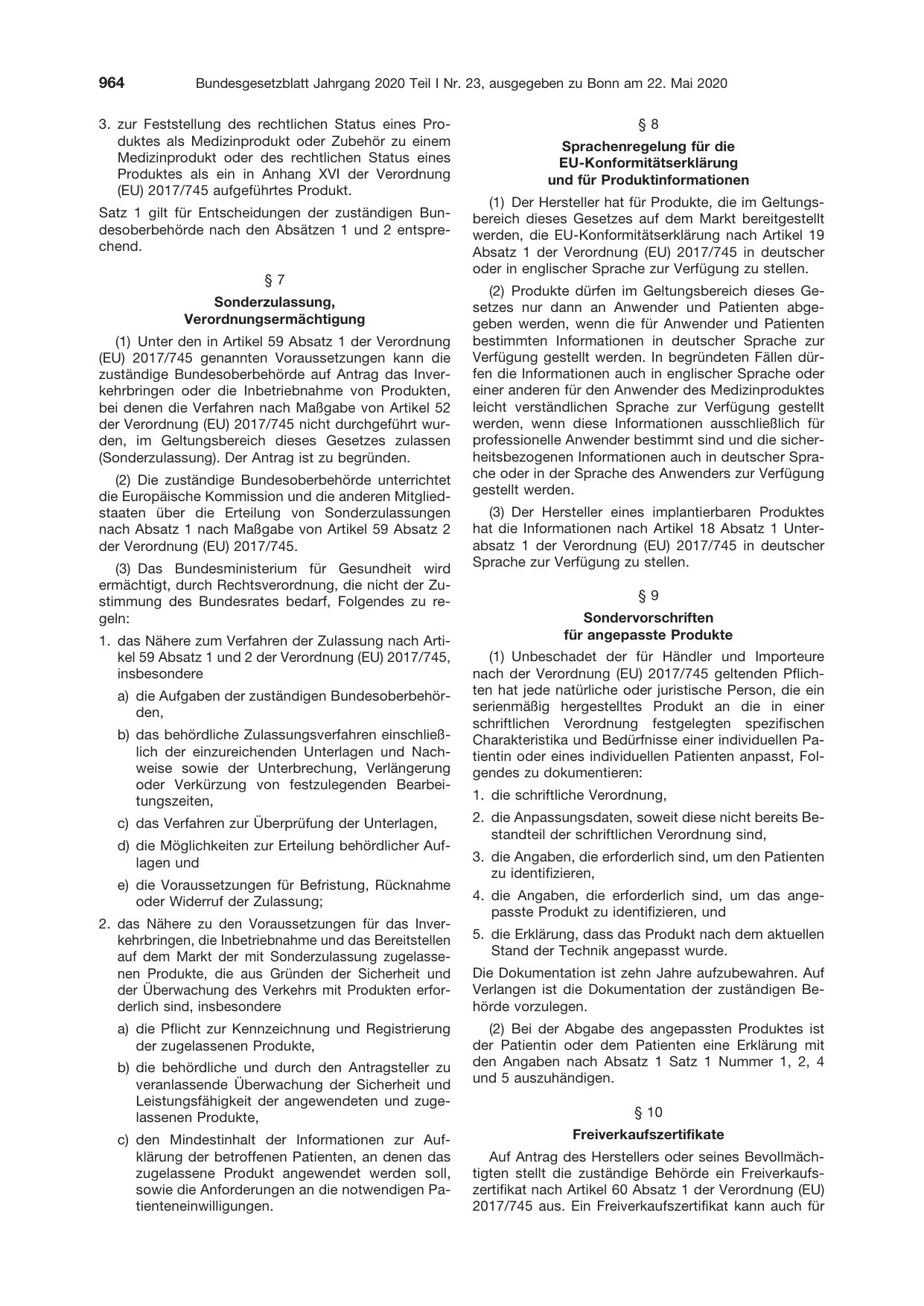 BGBl. 2020, Seite 964 — Originalseite als Abbildung