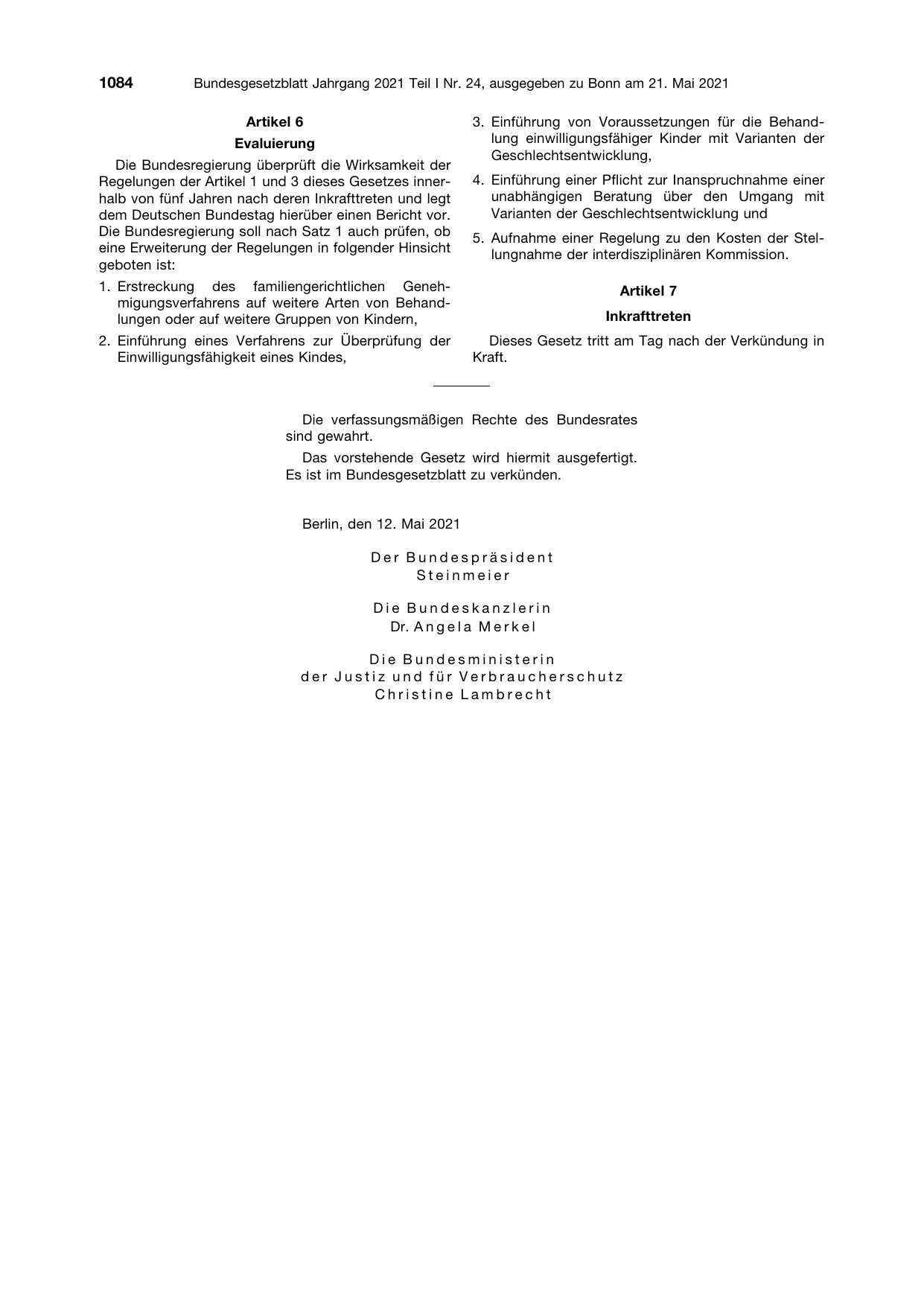 BGBl. 2021, Seite 1084 — Originalseite als Abbildung