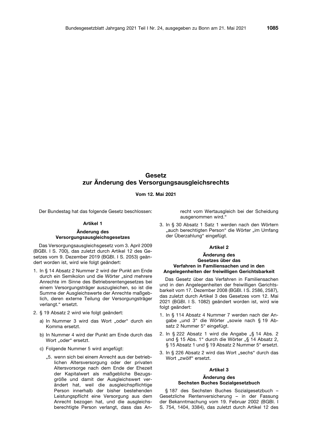 BGBl. 2021, Seite 1085 — Originalseite als Abbildung