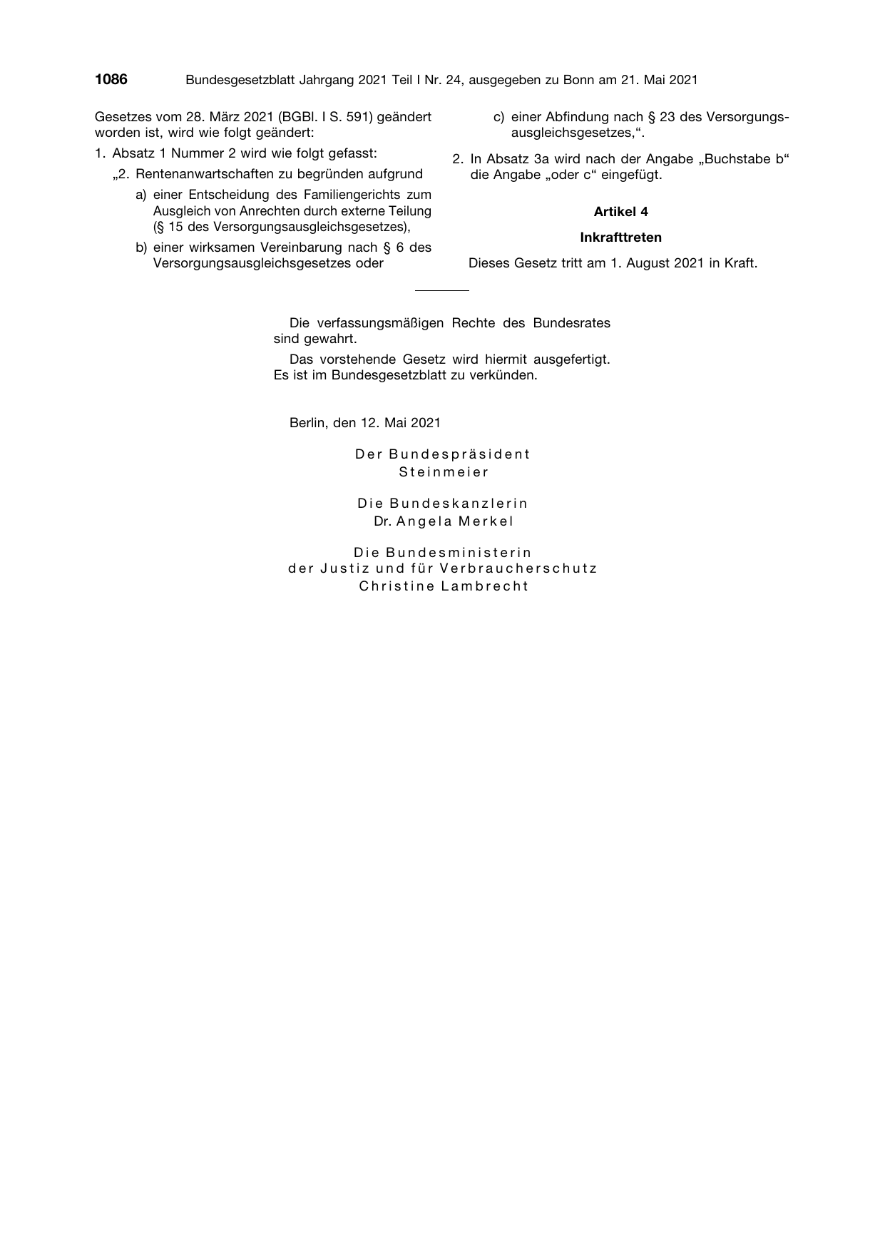 BGBl. 2021, Seite 1086 — Originalseite als Abbildung