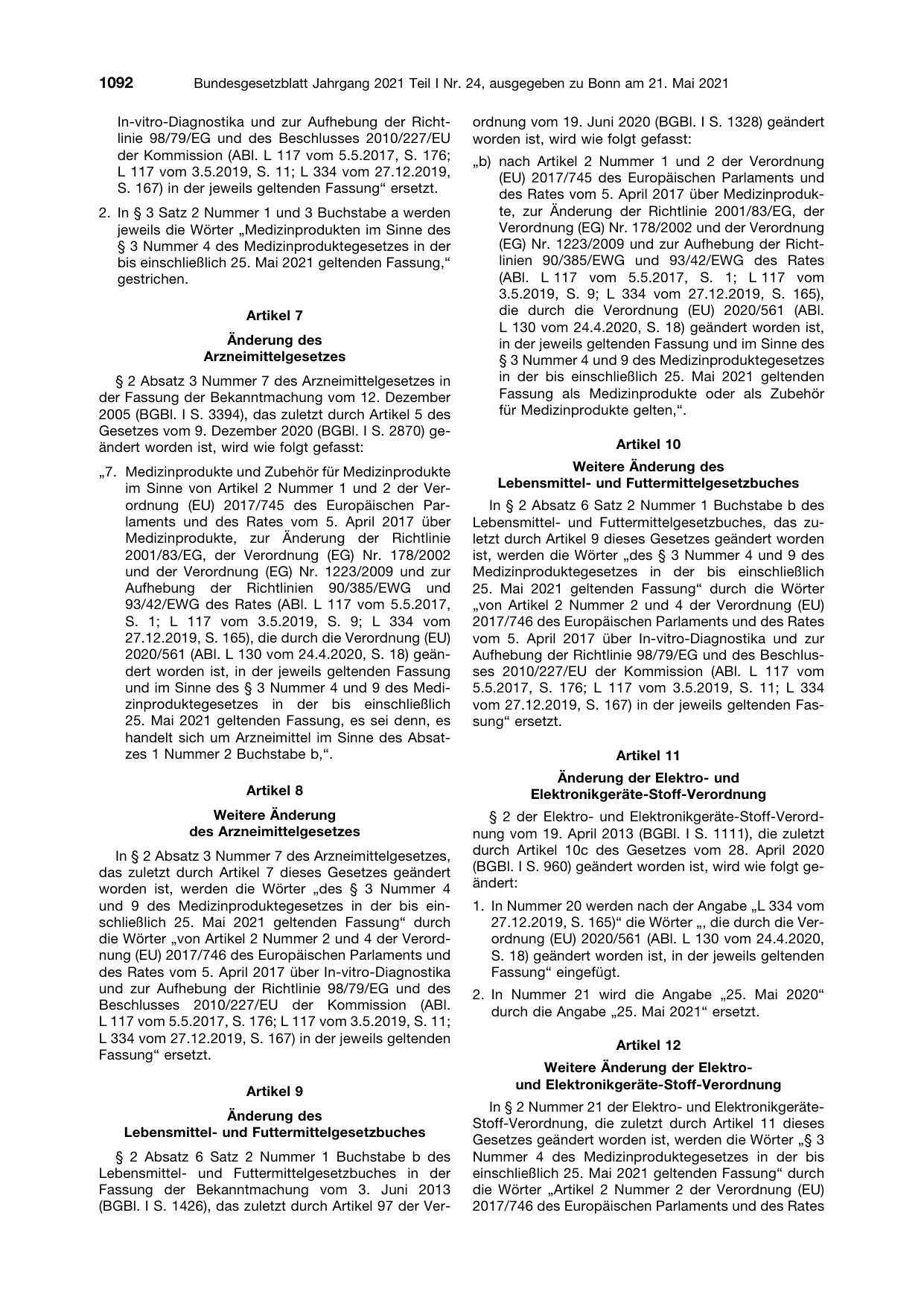 BGBl. 2021, Seite 1092 — Originalseite als Abbildung