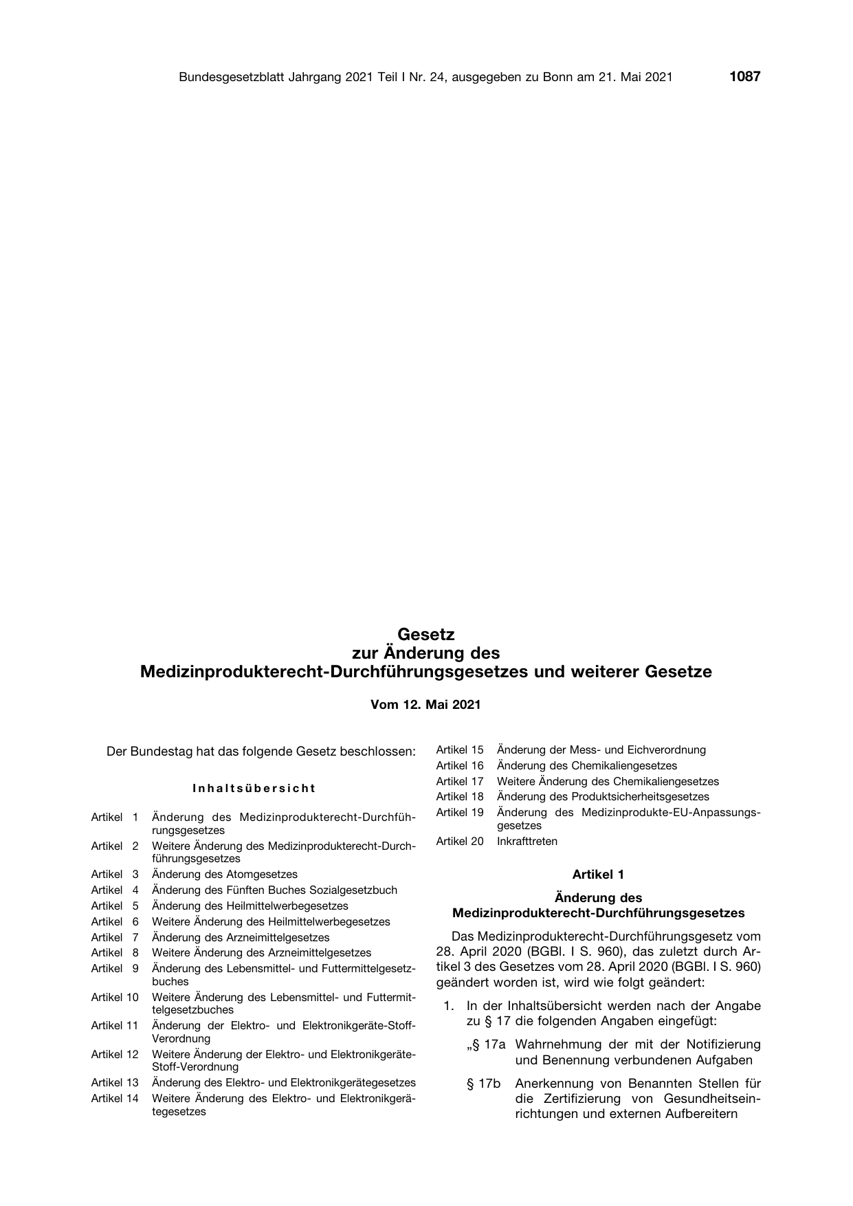 BGBl. 2021, Seite 1087 — Originalseite als Abbildung