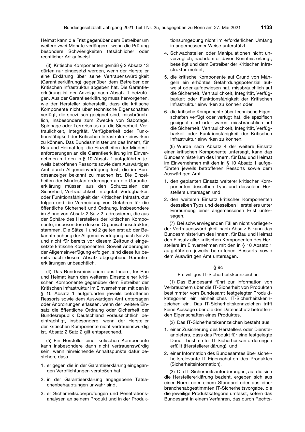 BGBl. 2021, Seite 1133 — Originalseite als Abbildung