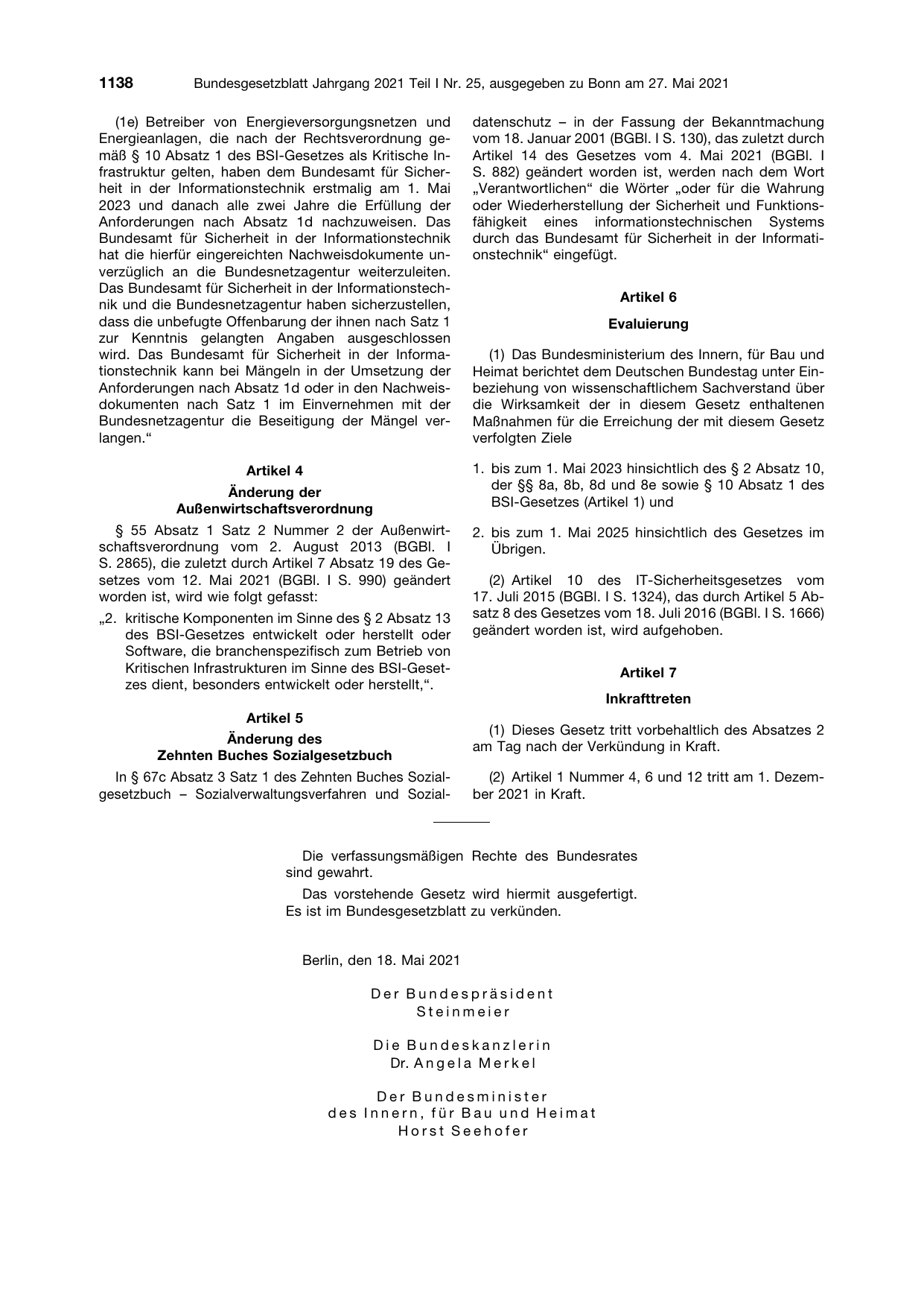 BGBl. 2021, Seite 1138 — Originalseite als Abbildung