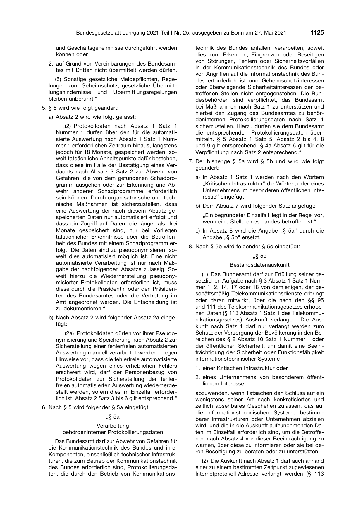 BGBl. 2021, Seite 1125 — Originalseite als Abbildung
