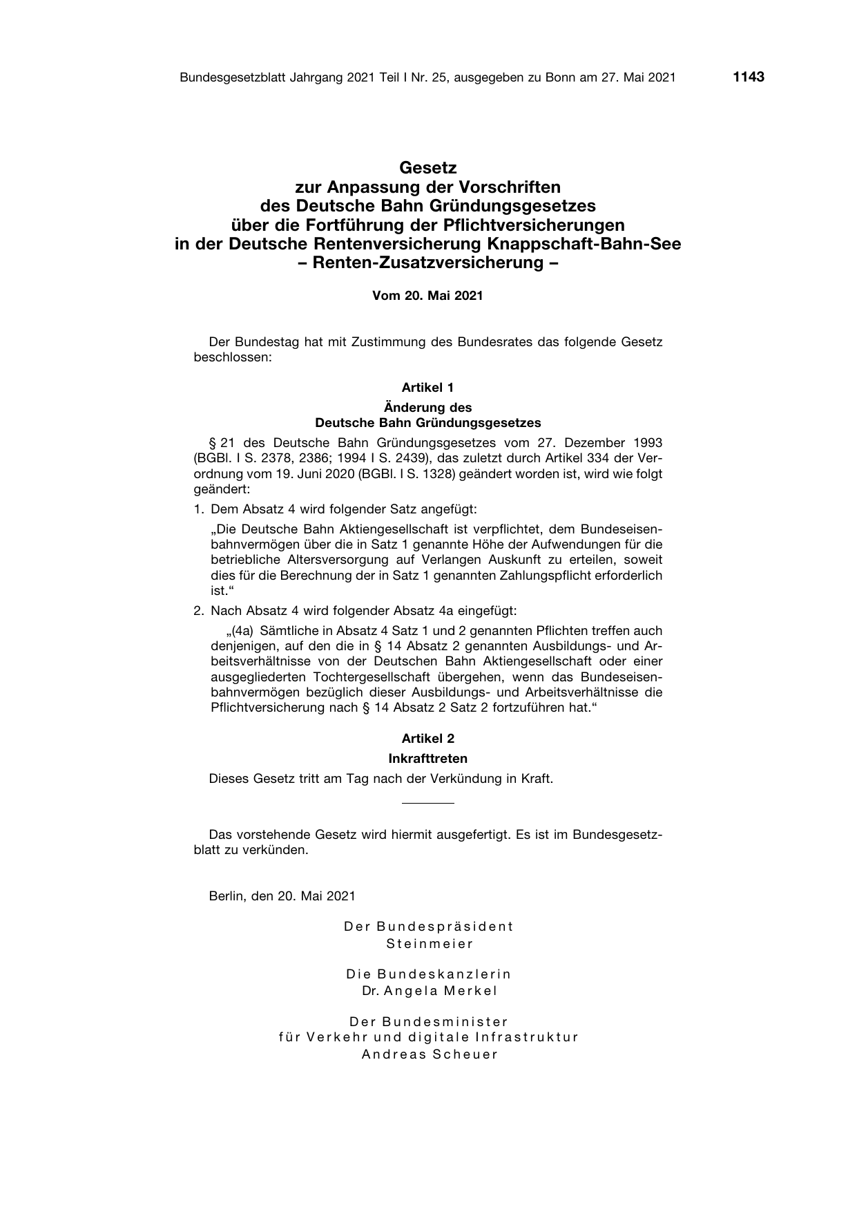 BGBl. 2021, Seite 1143 — Originalseite als Abbildung