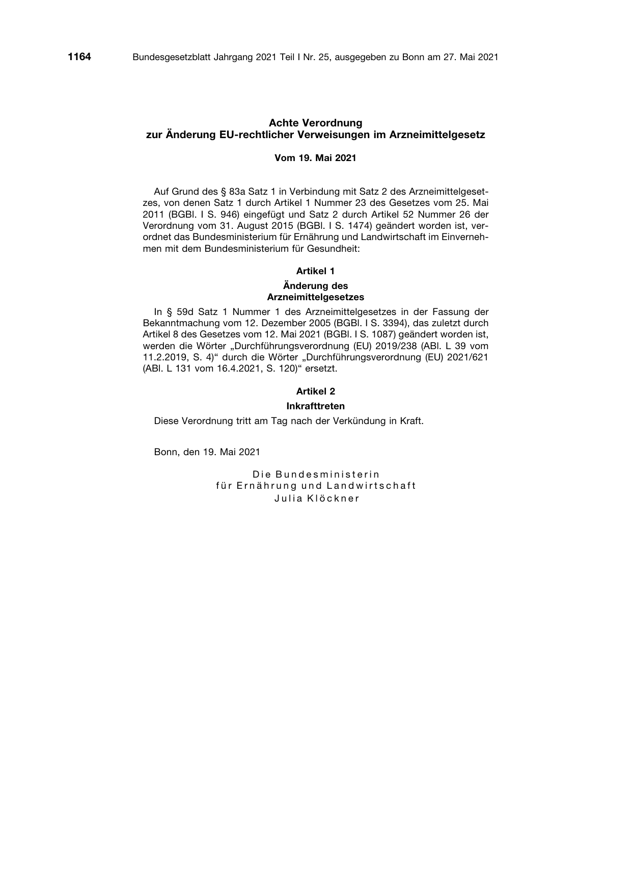 BGBl. 2021, Seite 1164 — Originalseite als Abbildung