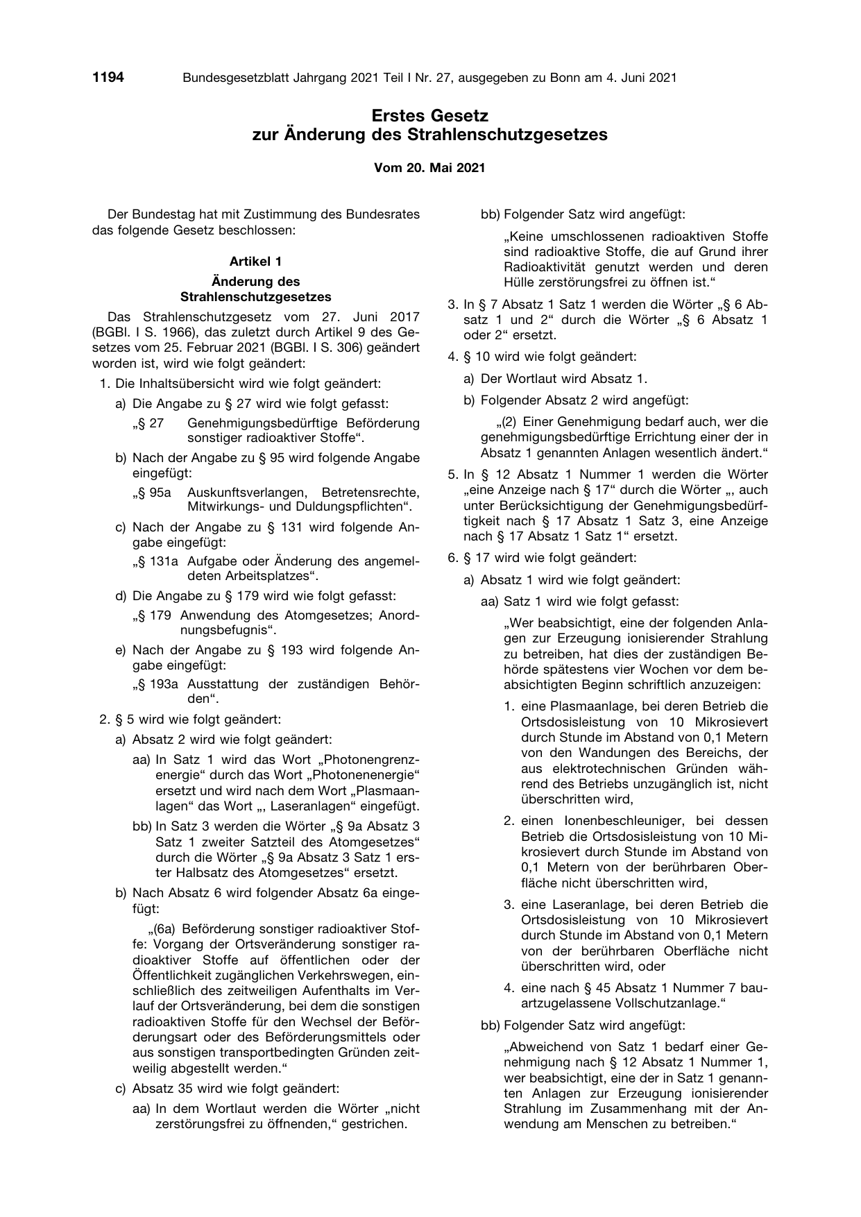 BGBl. 2021, Seite 1194 — Originalseite als Abbildung