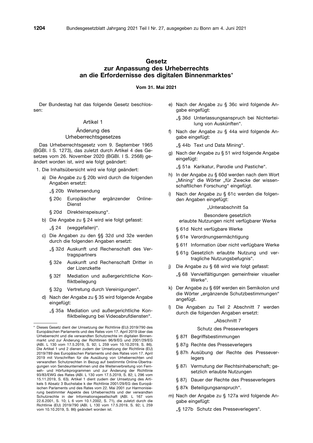 BGBl. 2021, Seite 1204 — Originalseite als Abbildung