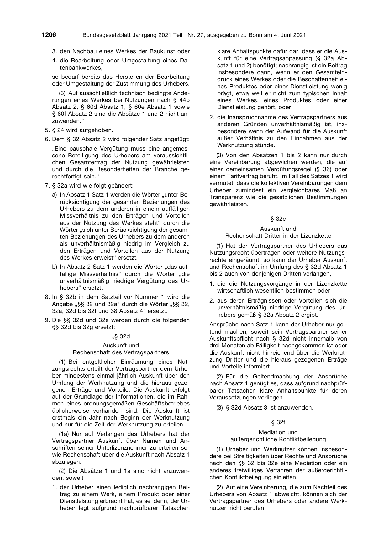 BGBl. 2021, Seite 1206 — Originalseite als Abbildung