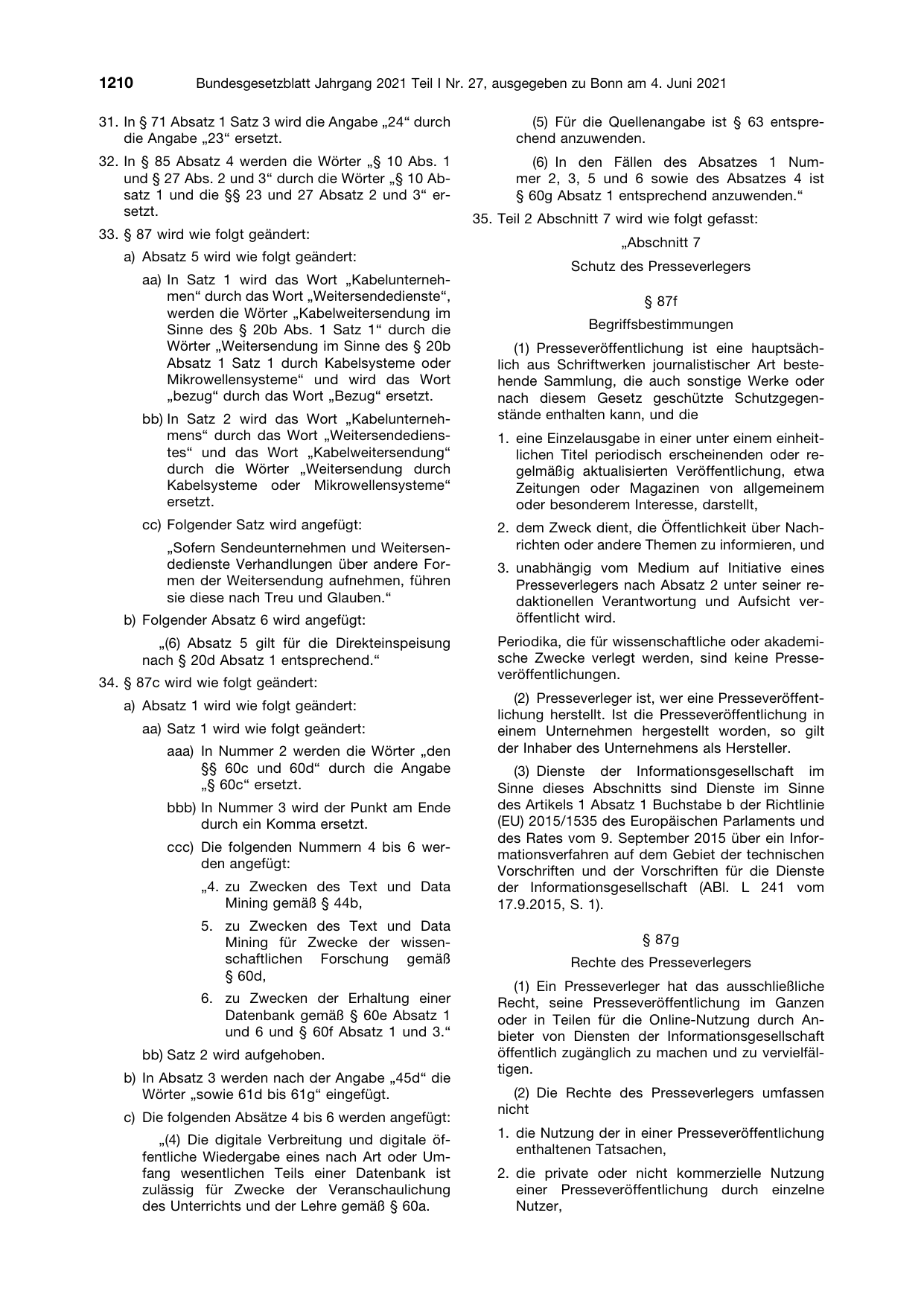 BGBl. 2021, Seite 1210 — Originalseite als Abbildung