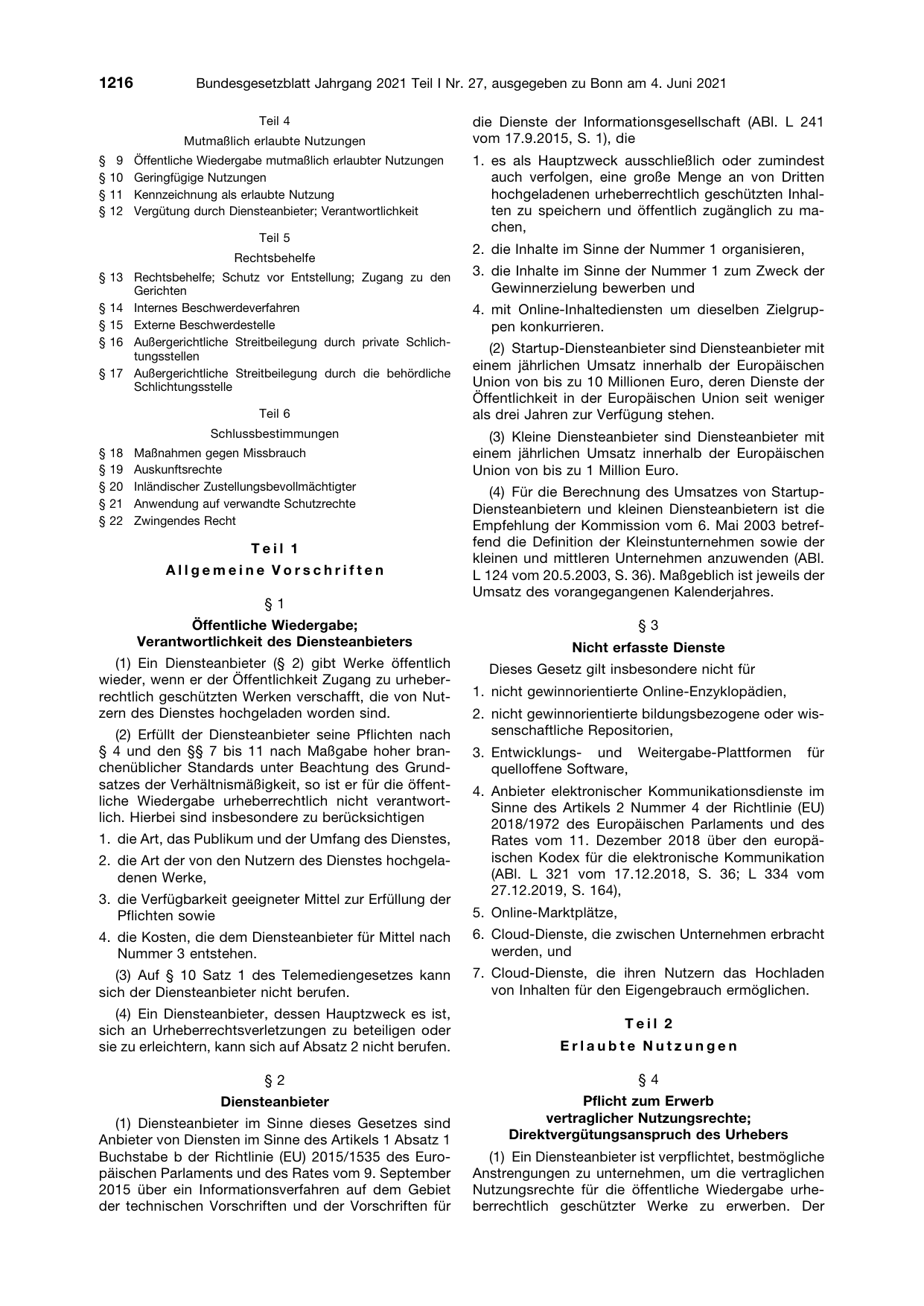 BGBl. 2021, Seite 1216 — Originalseite als Abbildung