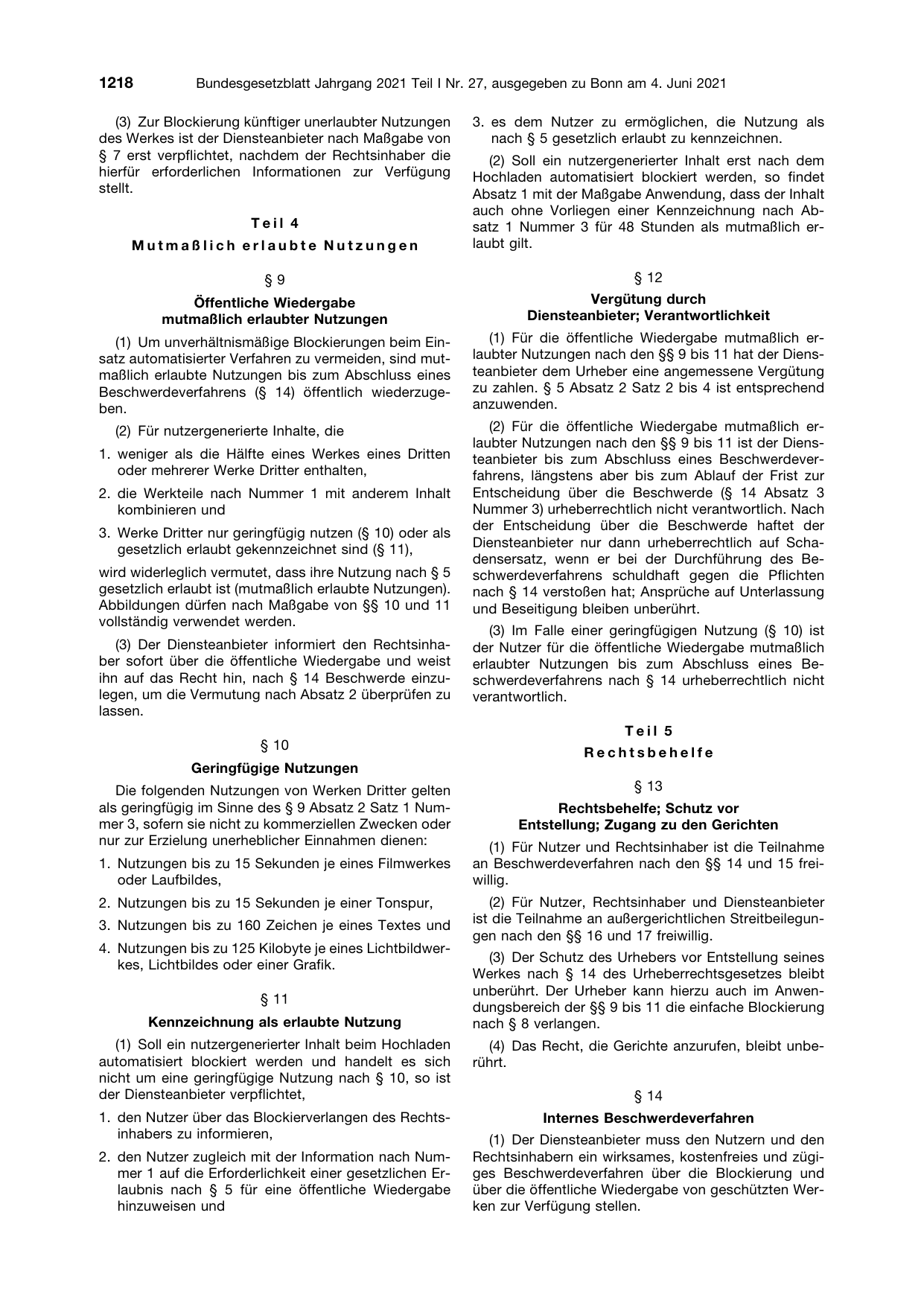 BGBl. 2021, Seite 1218 — Originalseite als Abbildung