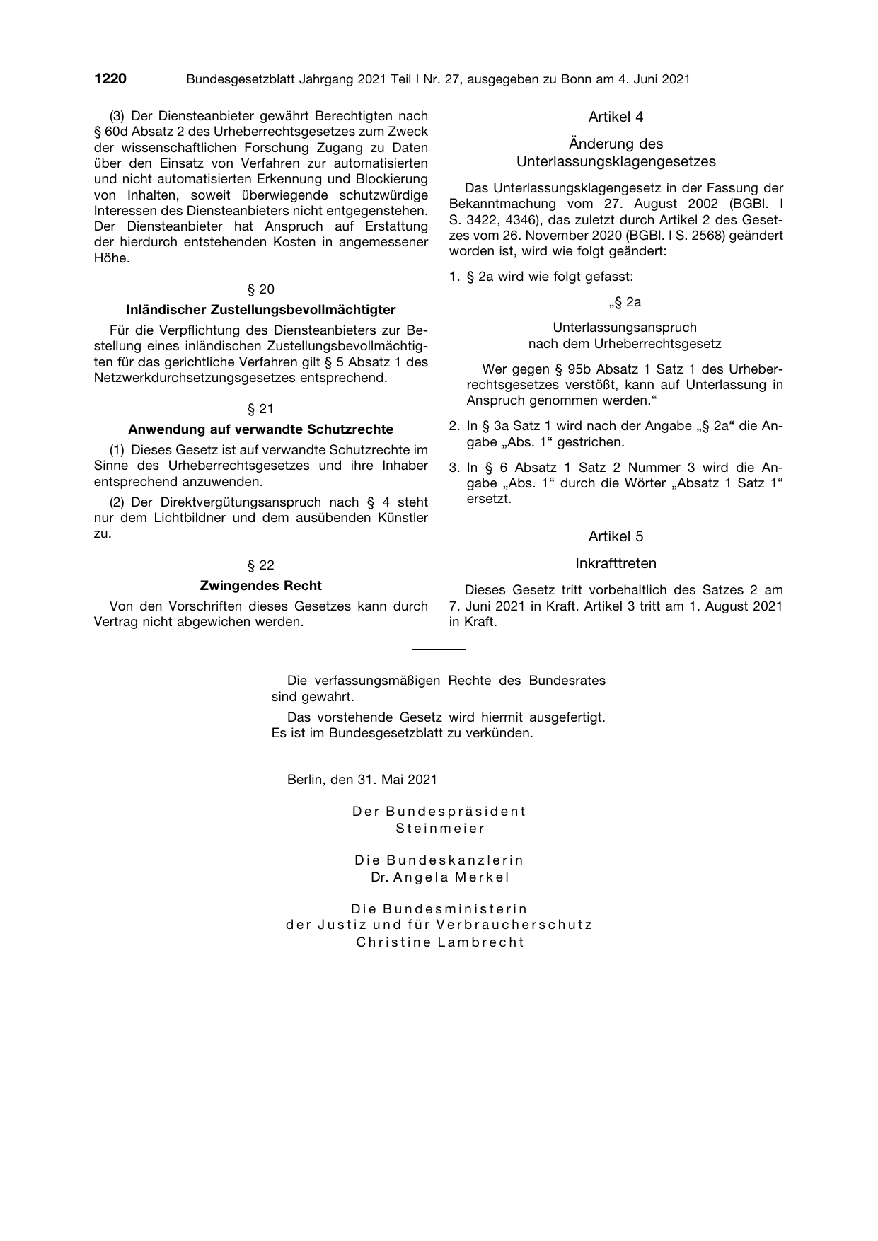 BGBl. 2021, Seite 1220 — Originalseite als Abbildung