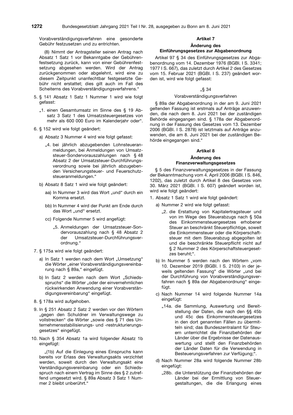 BGBl. 2021, Seite 1272 — Originalseite als Abbildung