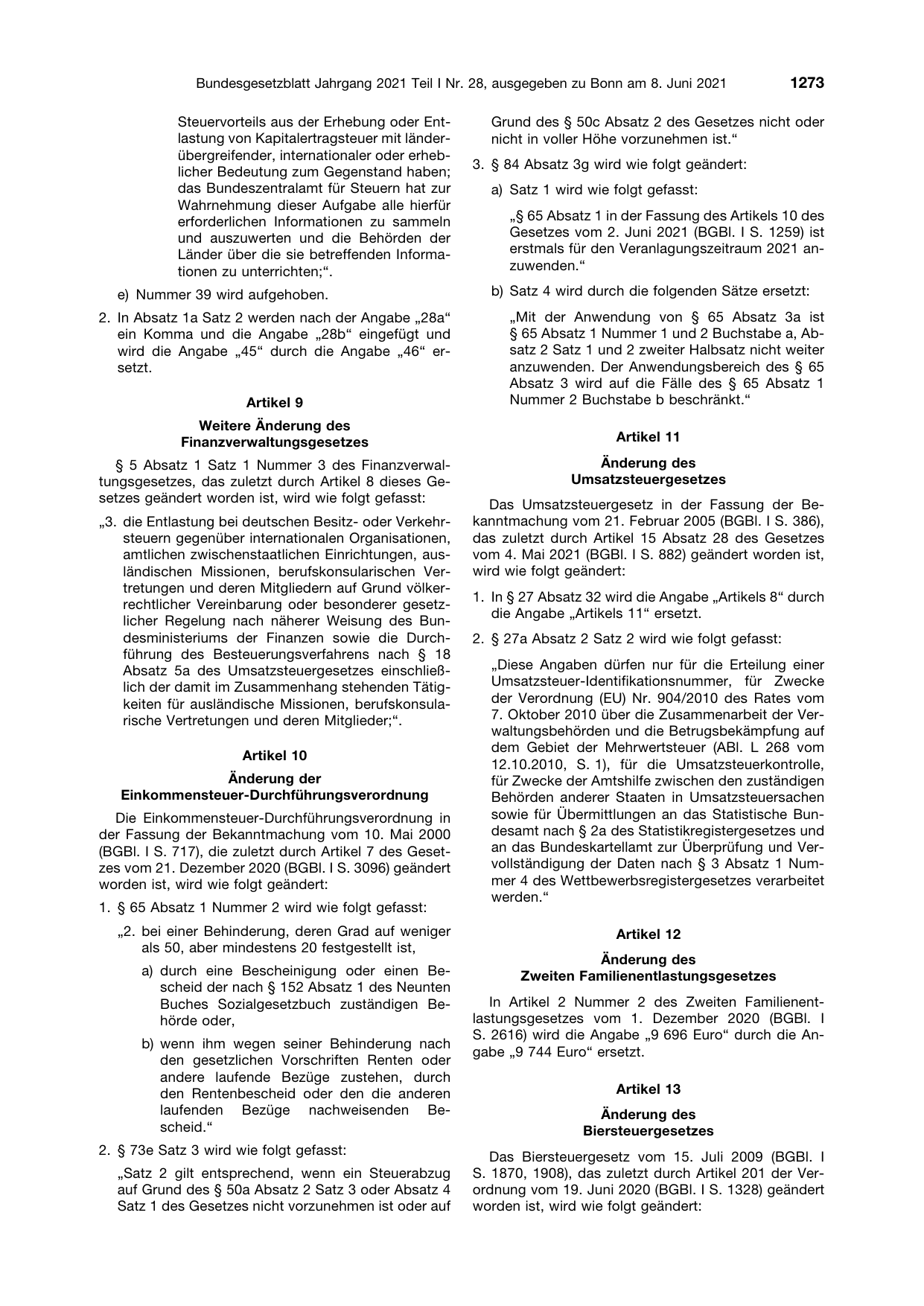 BGBl. 2021, Seite 1273 — Originalseite als Abbildung