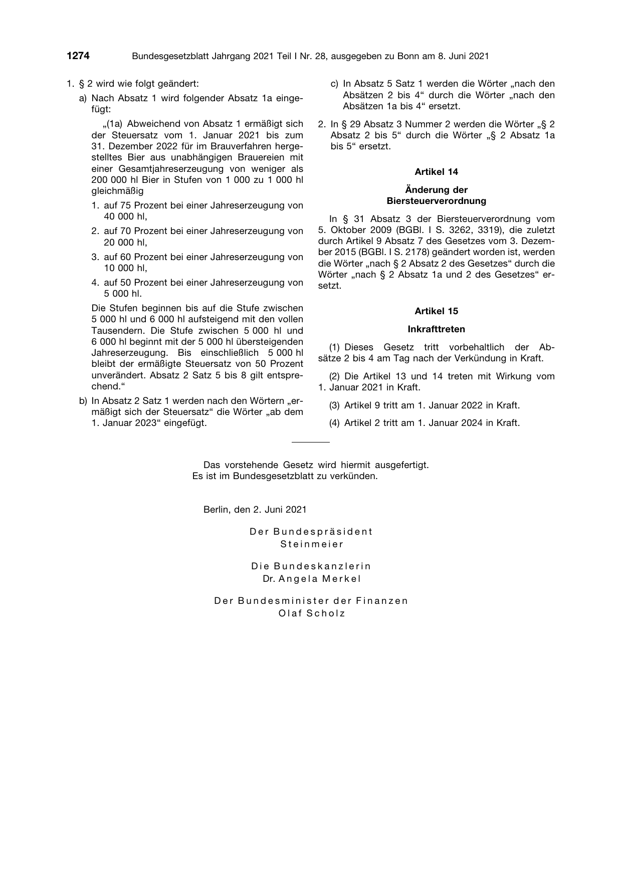 BGBl. 2021, Seite 1274 — Originalseite als Abbildung