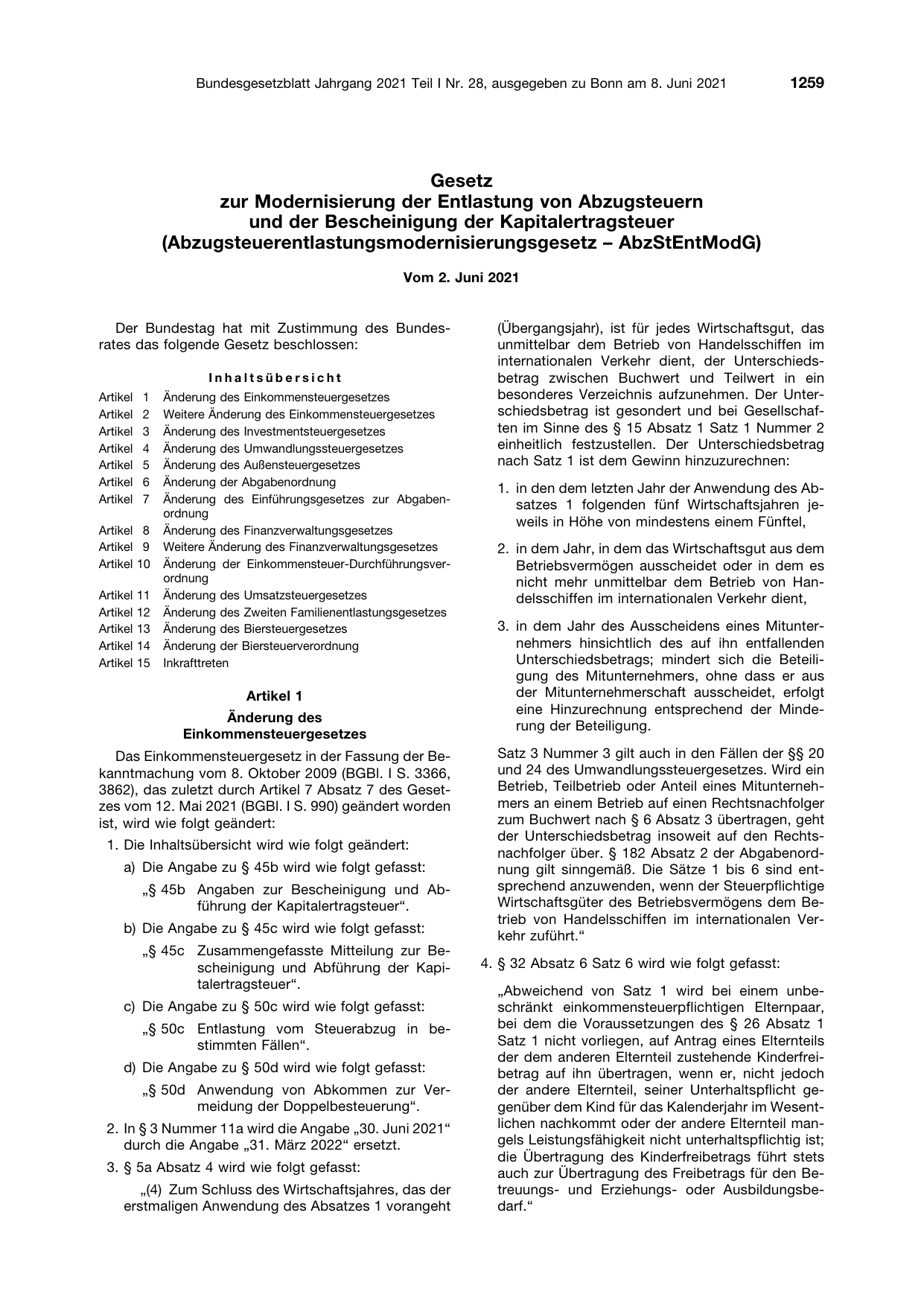BGBl. 2021, Seite 1259 — Originalseite als Abbildung